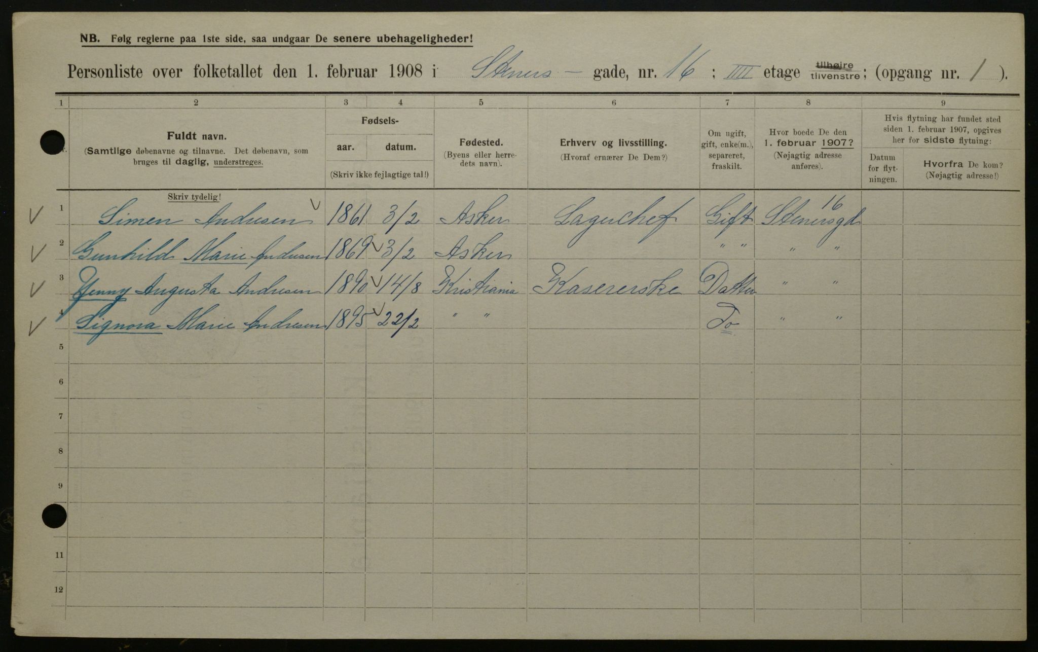 OBA, Municipal Census 1908 for Kristiania, 1908, p. 91195