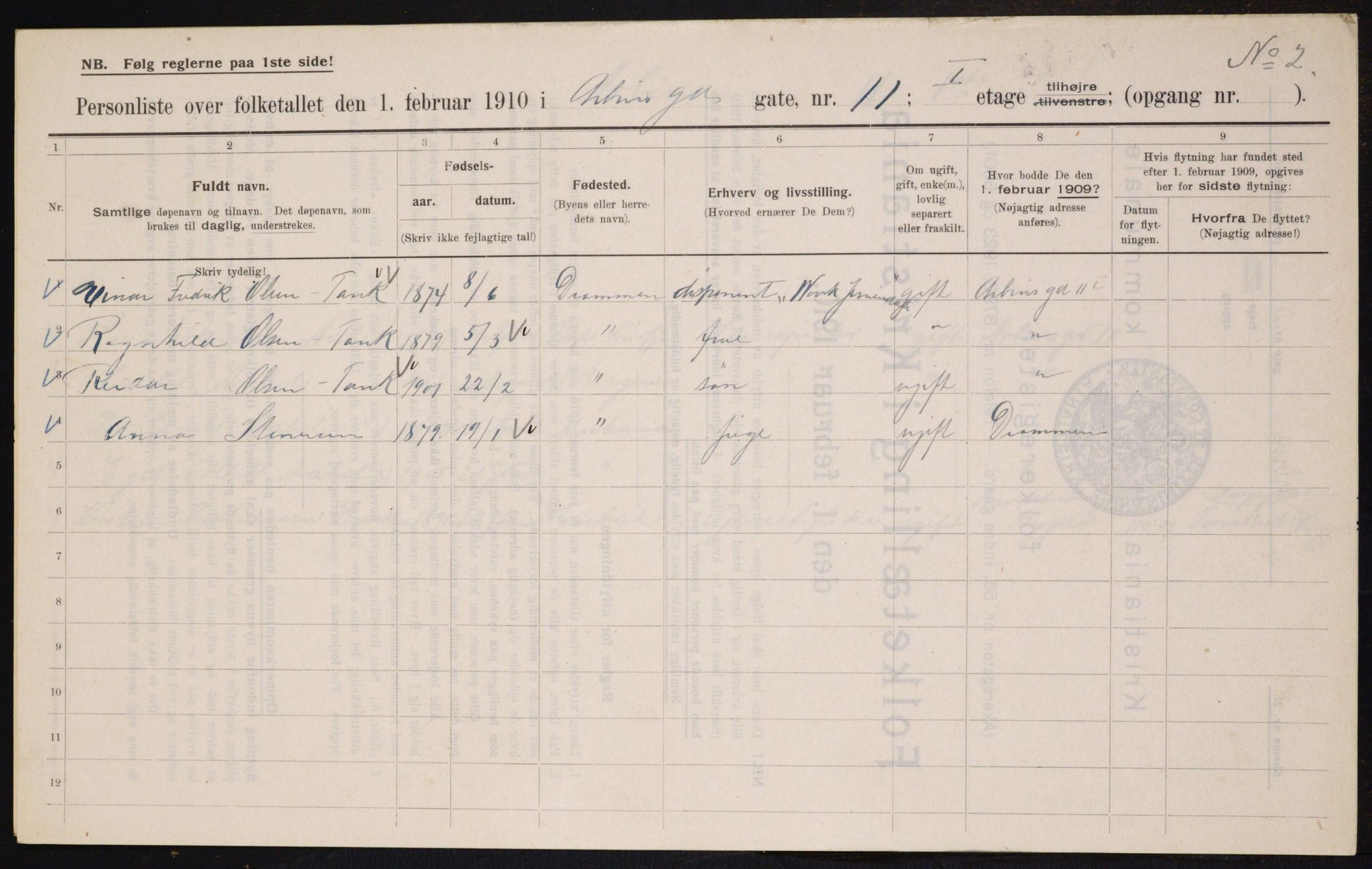 OBA, Municipal Census 1910 for Kristiania, 1910, p. 1566