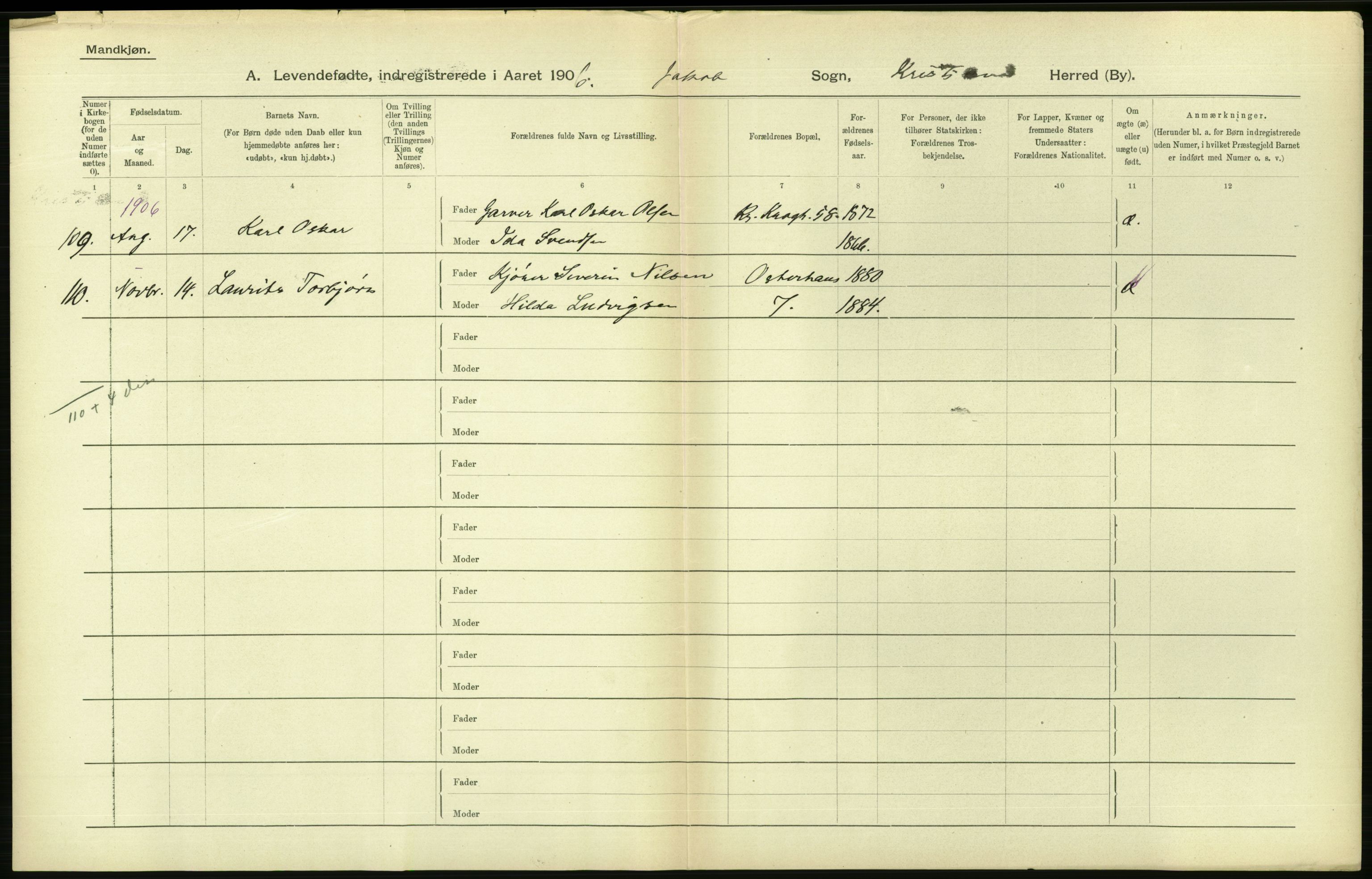 Statistisk sentralbyrå, Sosiodemografiske emner, Befolkning, AV/RA-S-2228/D/Df/Dfa/Dfad/L0007: Kristiania: Levendefødte menn og kvinner., 1906, p. 412