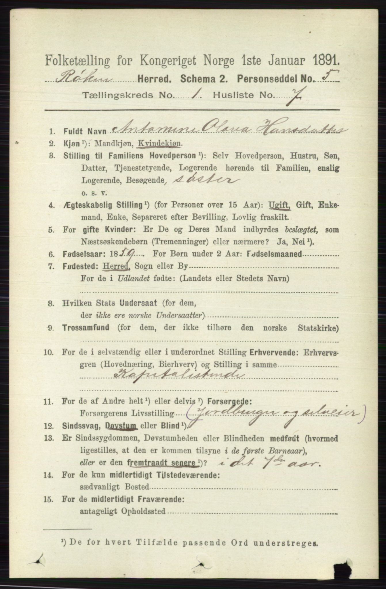 RA, 1891 census for 0627 Røyken, 1891, p. 138
