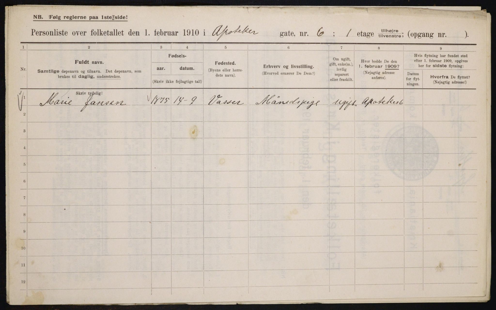 OBA, Municipal Census 1910 for Kristiania, 1910, p. 1257