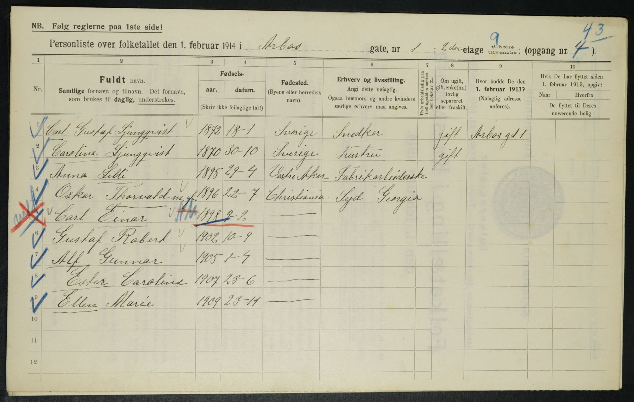 OBA, Municipal Census 1914 for Kristiania, 1914, p. 1747