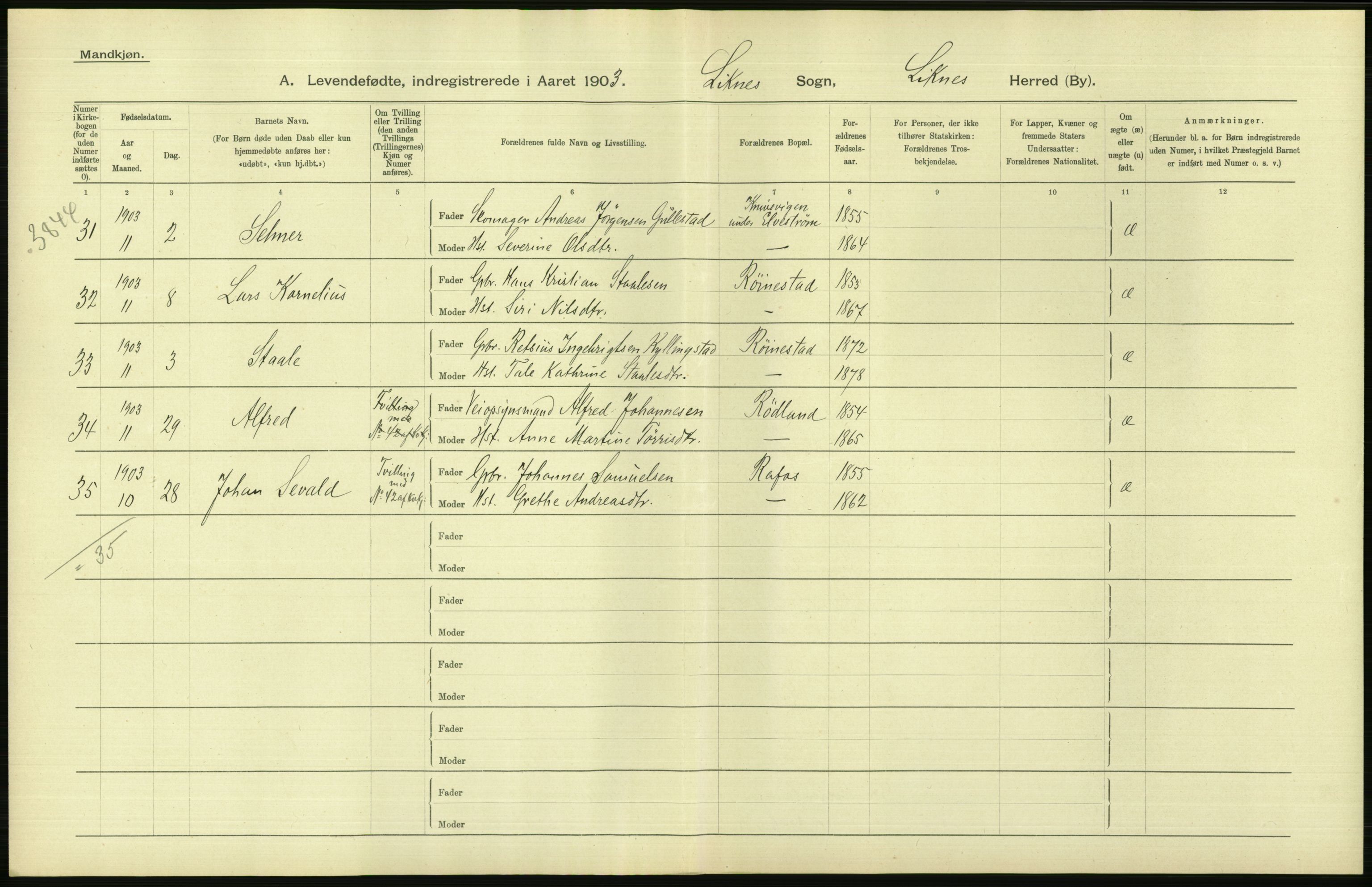 Statistisk sentralbyrå, Sosiodemografiske emner, Befolkning, AV/RA-S-2228/D/Df/Dfa/Dfaa/L0011: Lister og Mandal amt: Fødte, gifte, døde, 1903, p. 40