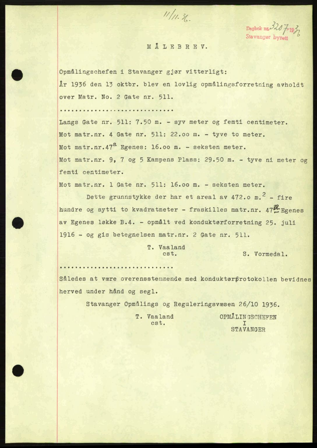Stavanger byrett, SAST/A-100455/002/G/Gb/L0012: Mortgage book no. A2, 1936-1937, Diary no: : 3207/1936