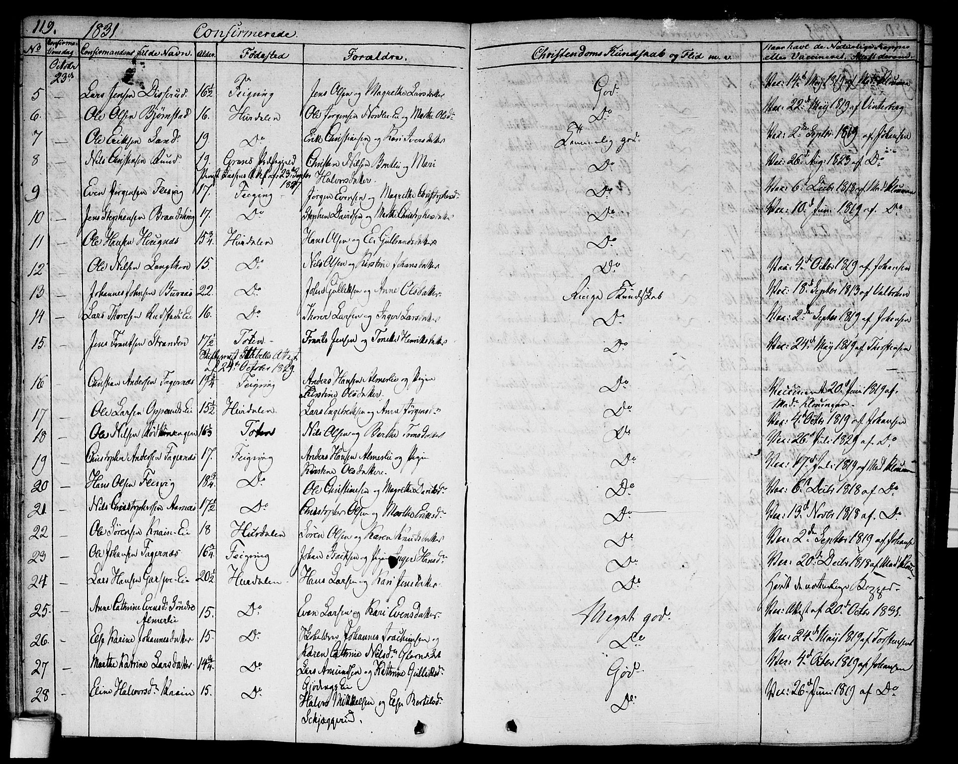 Hurdal prestekontor Kirkebøker, AV/SAO-A-10889/F/Fa/L0004: Parish register (official) no. I 4, 1828-1845, p. 119