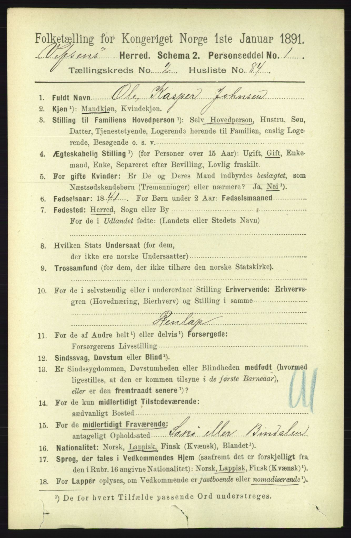 RA, 1891 census for 1824 Vefsn, 1891, p. 1226