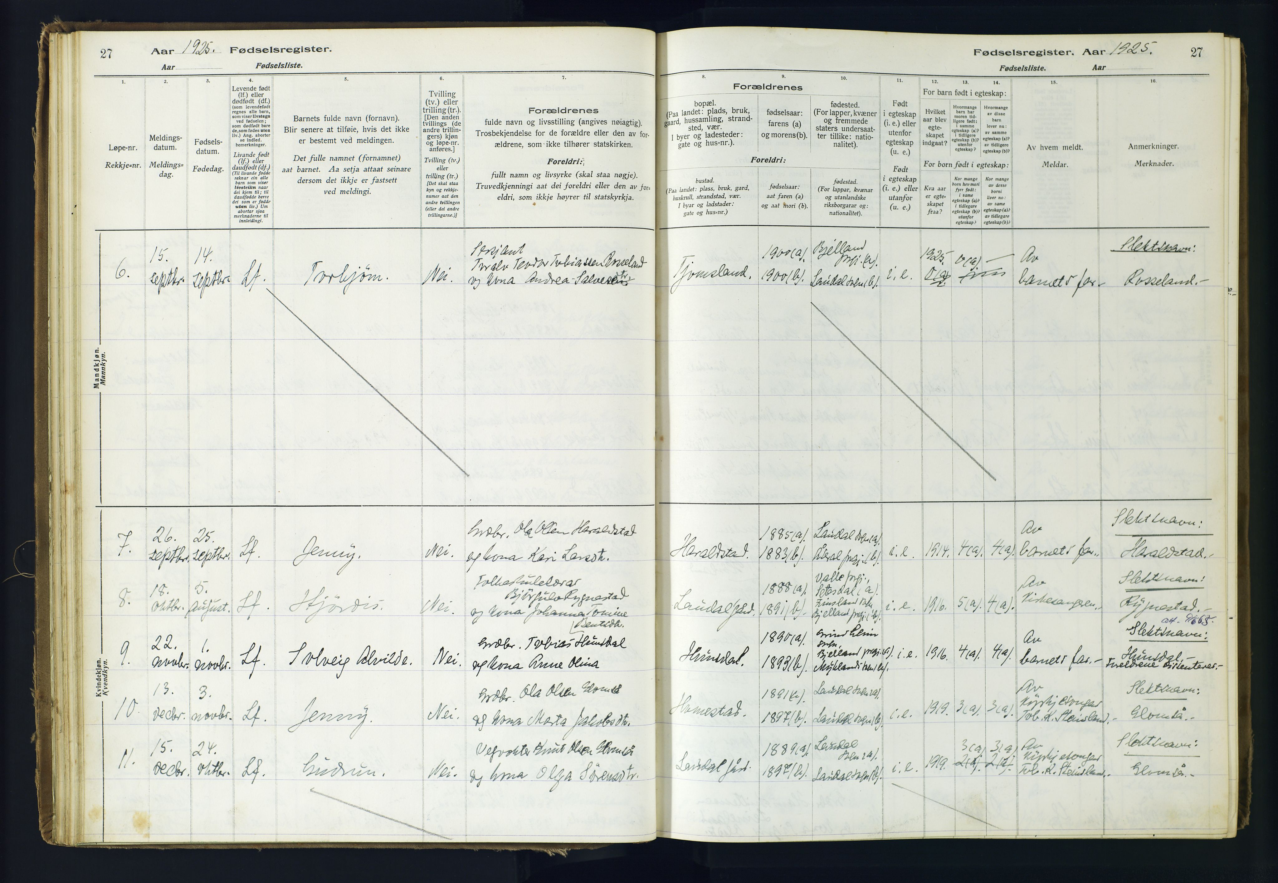 Holum sokneprestkontor, AV/SAK-1111-0022/J/Ja/L0001: Birth register no. II.6.10, 1916-1982, p. 27