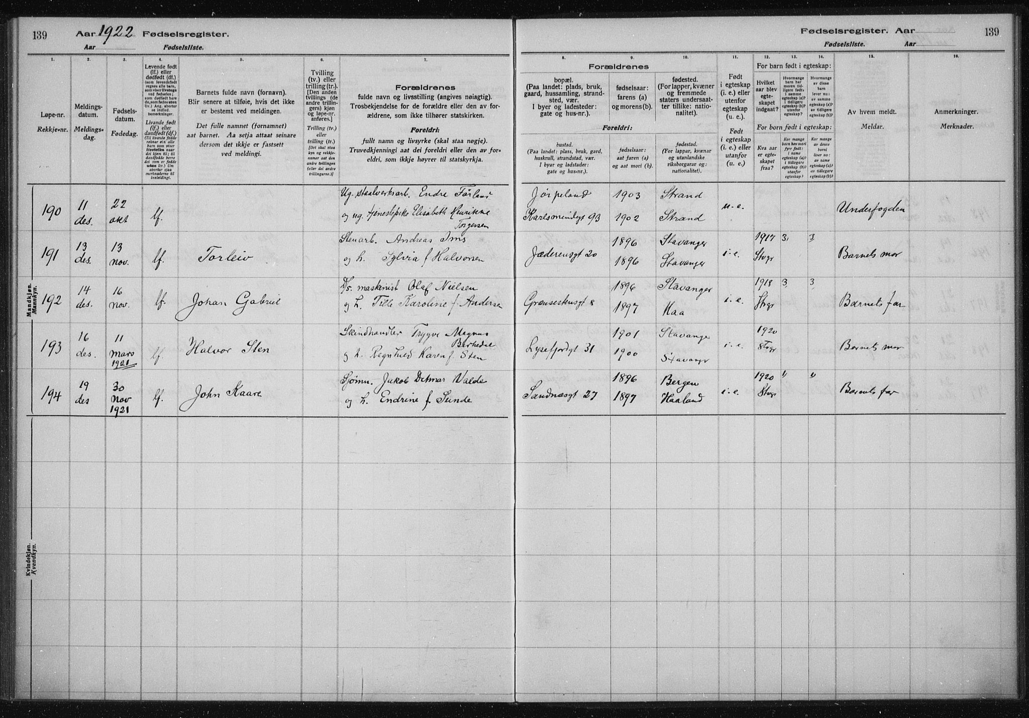 St. Johannes sokneprestkontor, AV/SAST-A-101814/002/A/L0002: Birth register no. 2, 1919-1924, p. 139