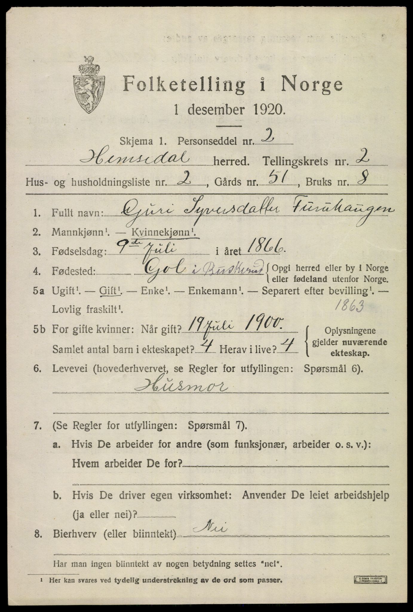 SAKO, 1920 census for Hemsedal, 1920, p. 698