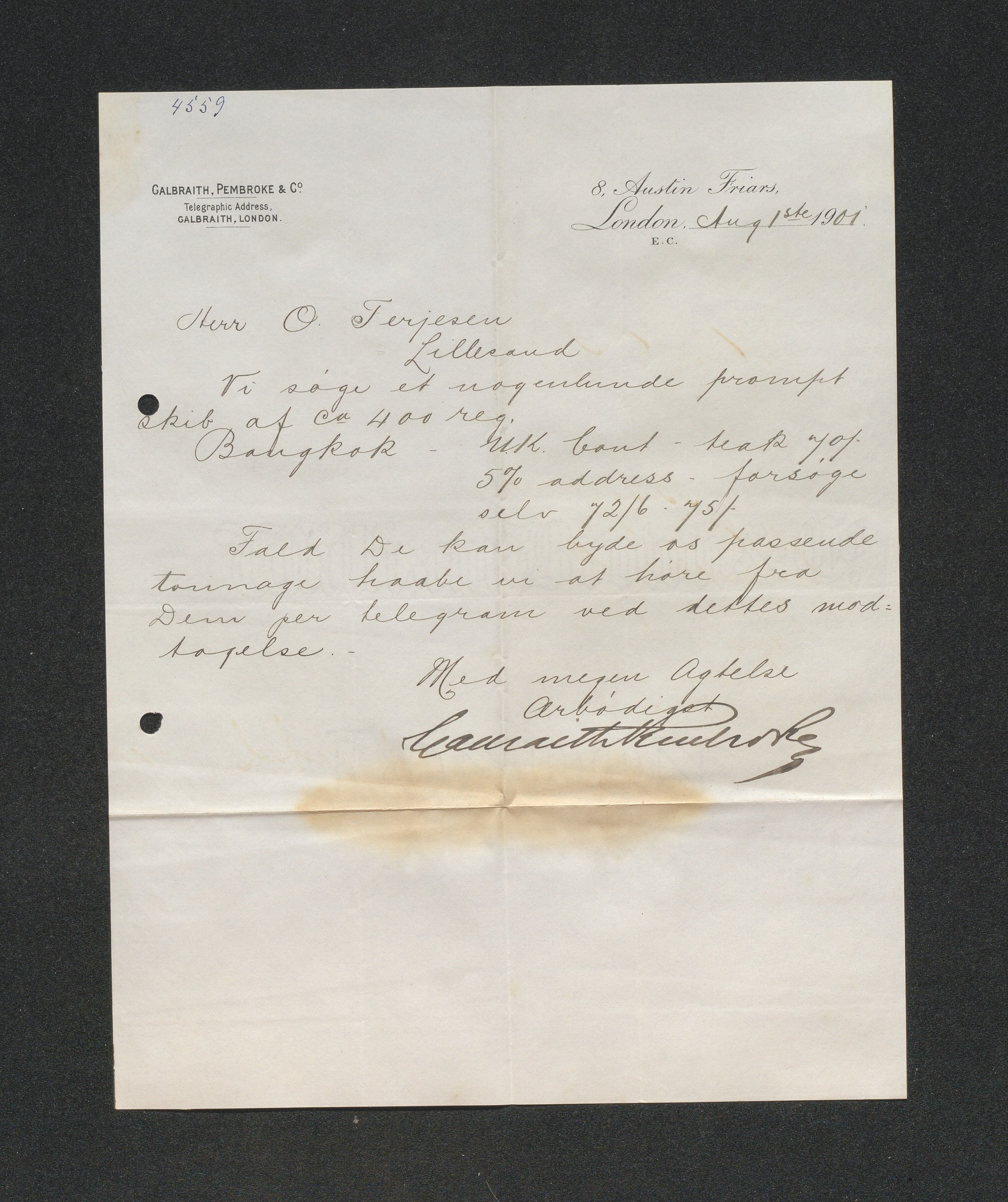 O. Terjesens rederi, AAKS/PA-2525/E/E01/L0009: Korrespondanse, 1901