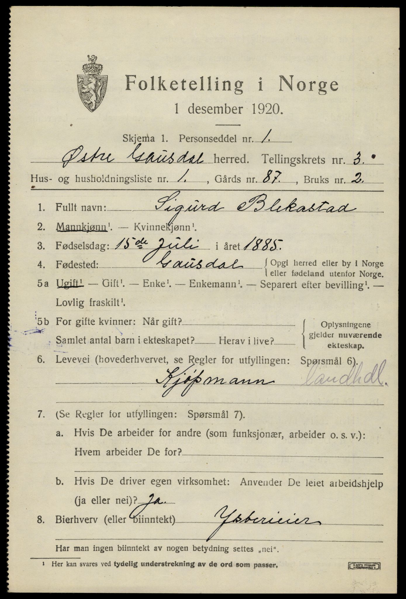 SAH, 1920 census for Østre Gausdal, 1920, p. 1910