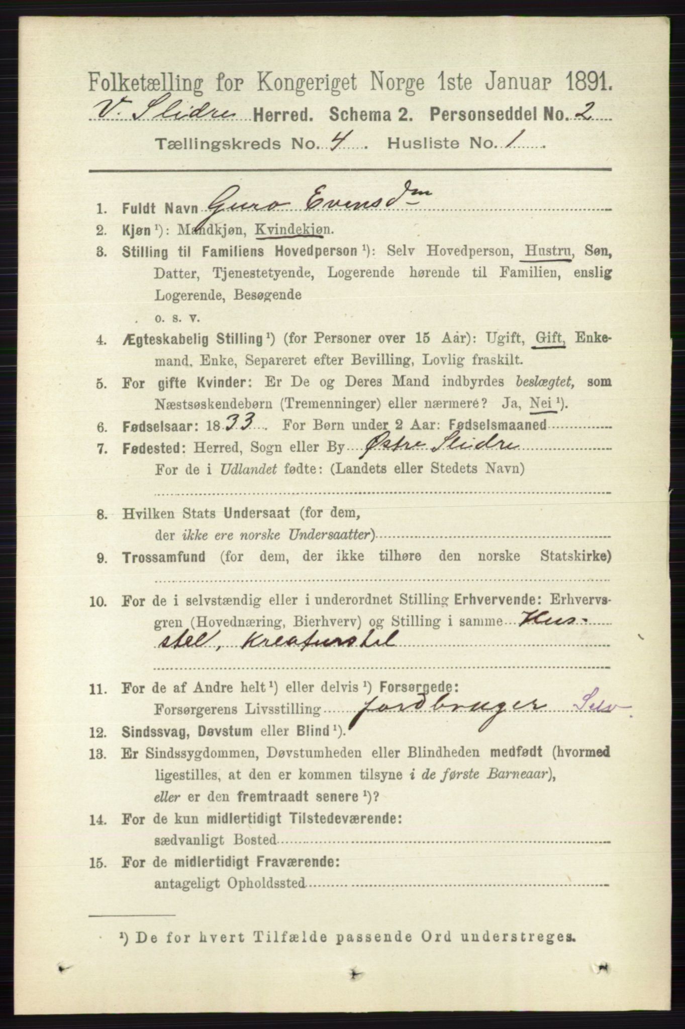 RA, 1891 census for 0543 Vestre Slidre, 1891, p. 1258