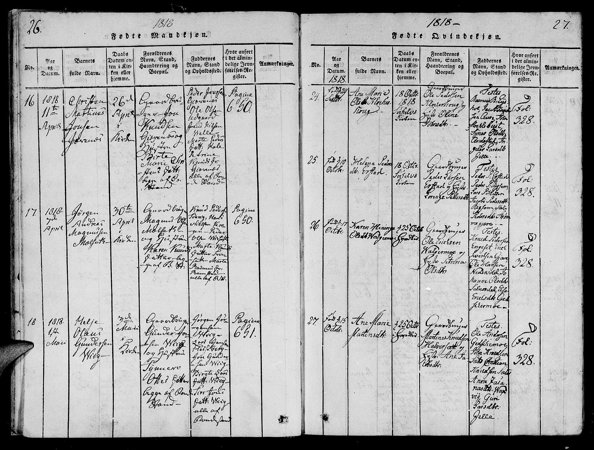 Ministerialprotokoller, klokkerbøker og fødselsregistre - Møre og Romsdal, AV/SAT-A-1454/522/L0310: Parish register (official) no. 522A05, 1816-1832, p. 26-27