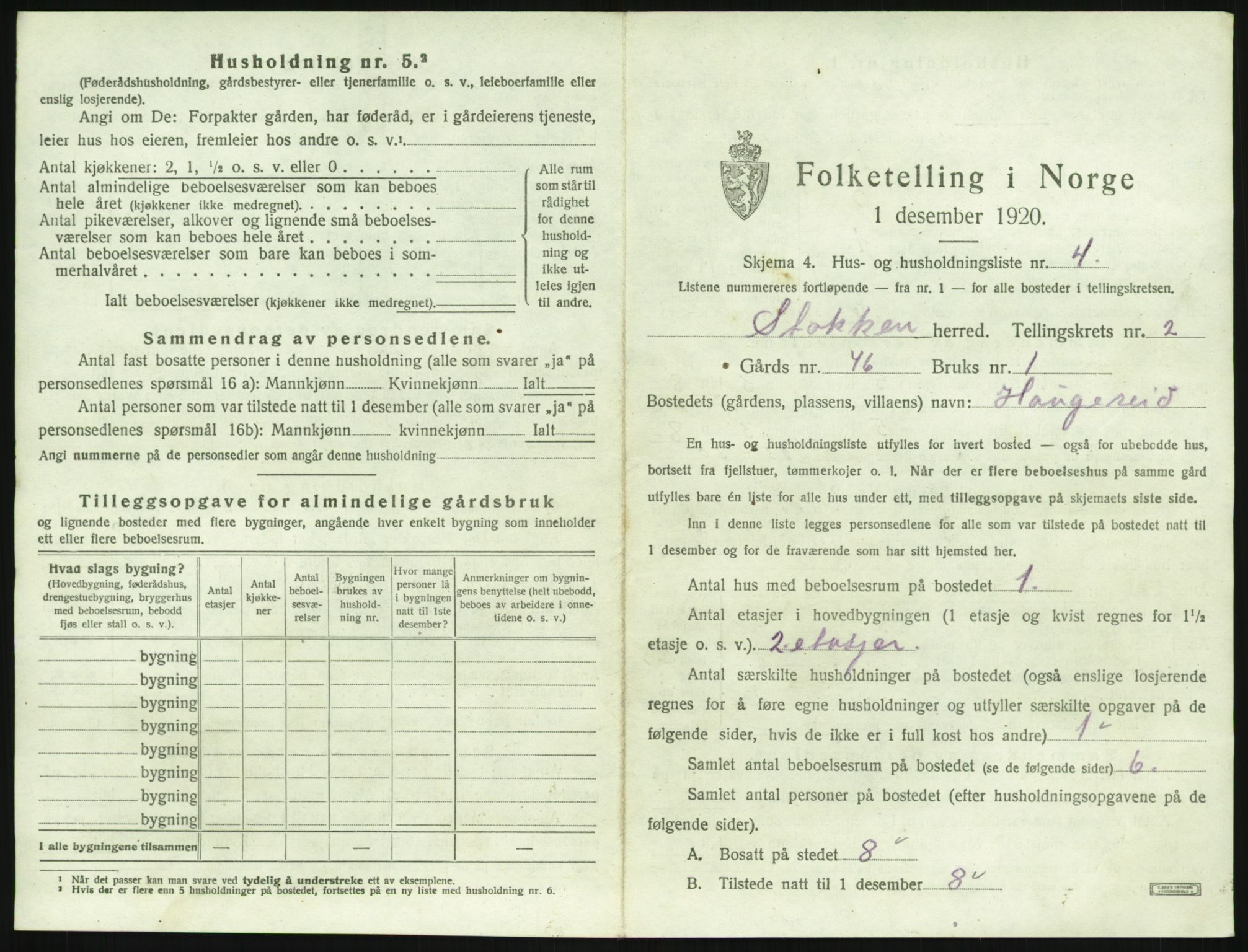 SAK, 1920 census for Stokken, 1920, p. 226