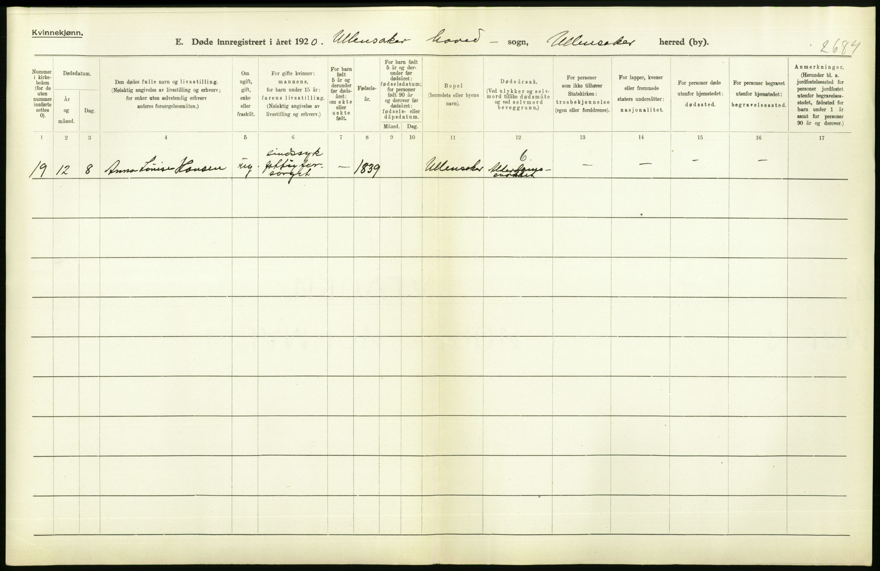 Statistisk sentralbyrå, Sosiodemografiske emner, Befolkning, AV/RA-S-2228/D/Df/Dfb/Dfbj/L0007: Akershus fylke: Døde. Bygder og byer., 1920, p. 434