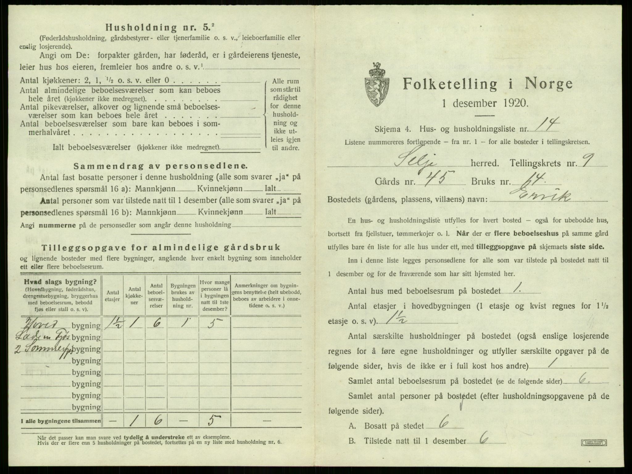 SAB, 1920 census for Selje, 1920, p. 571