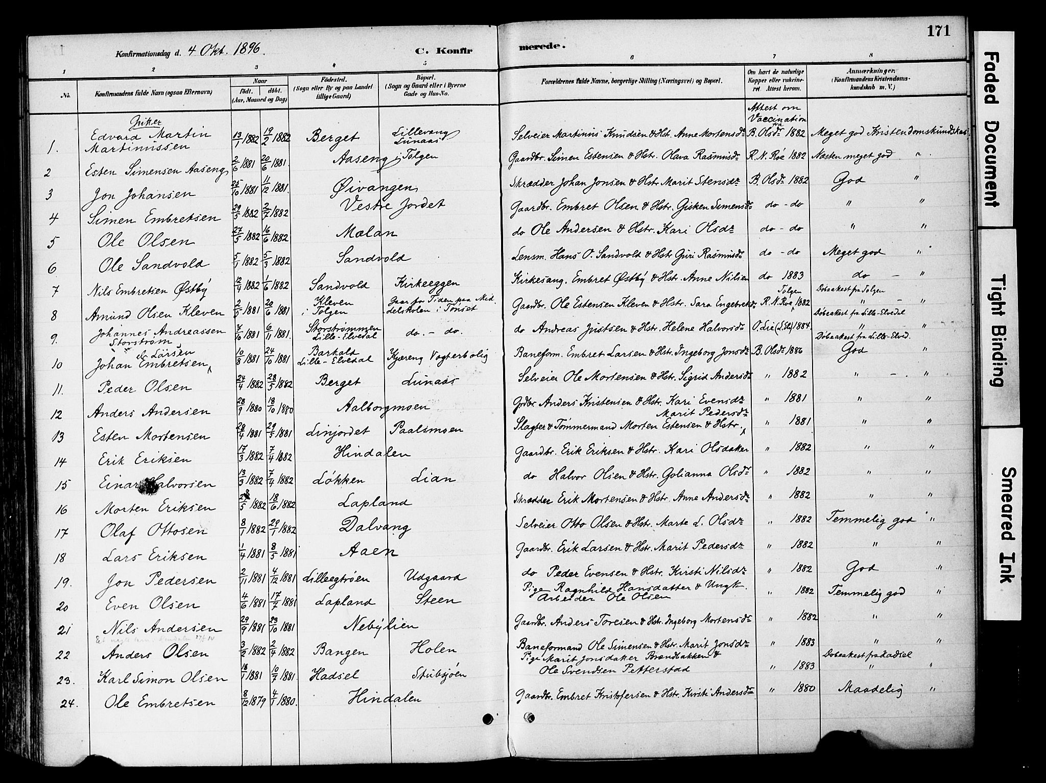 Tynset prestekontor, SAH/PREST-058/H/Ha/Haa/L0022: Parish register (official) no. 22, 1880-1899, p. 171