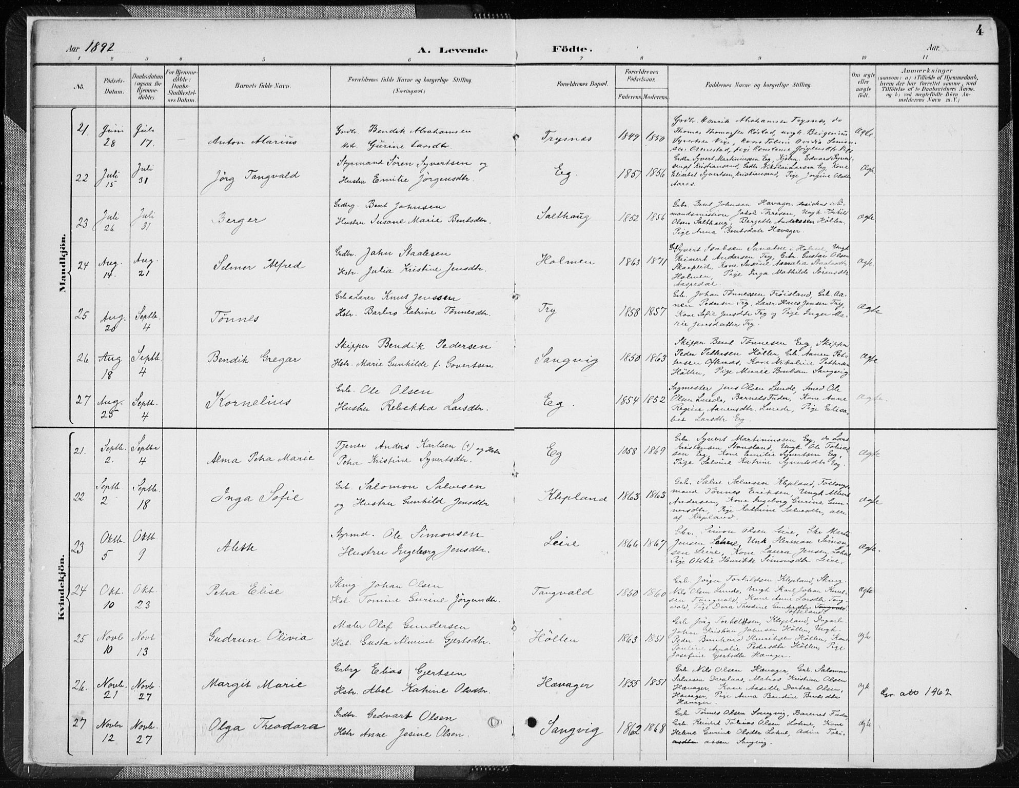 Søgne sokneprestkontor, AV/SAK-1111-0037/F/Fa/Fab/L0013: Parish register (official) no. A 13, 1892-1911, p. 4