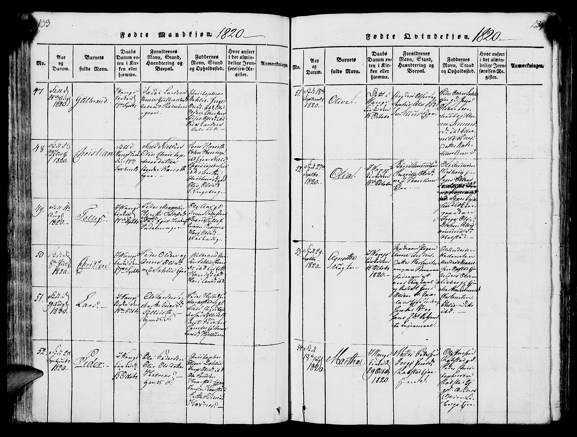 Vang prestekontor, Hedmark, AV/SAH-PREST-008/H/Ha/Hab/L0004: Parish register (copy) no. 4, 1813-1827, p. 133-134