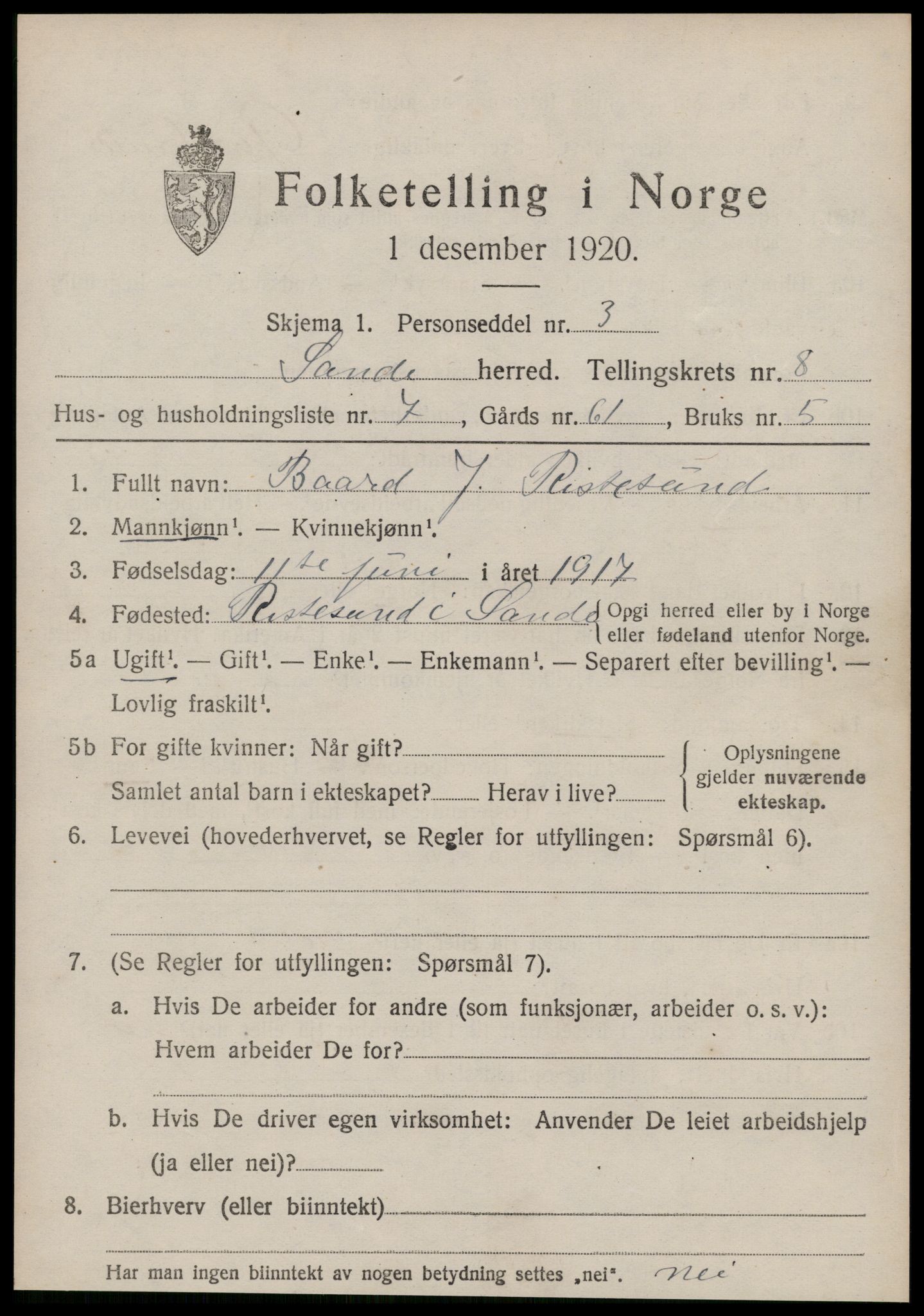 SAT, 1920 census for Sande (MR), 1920, p. 4892