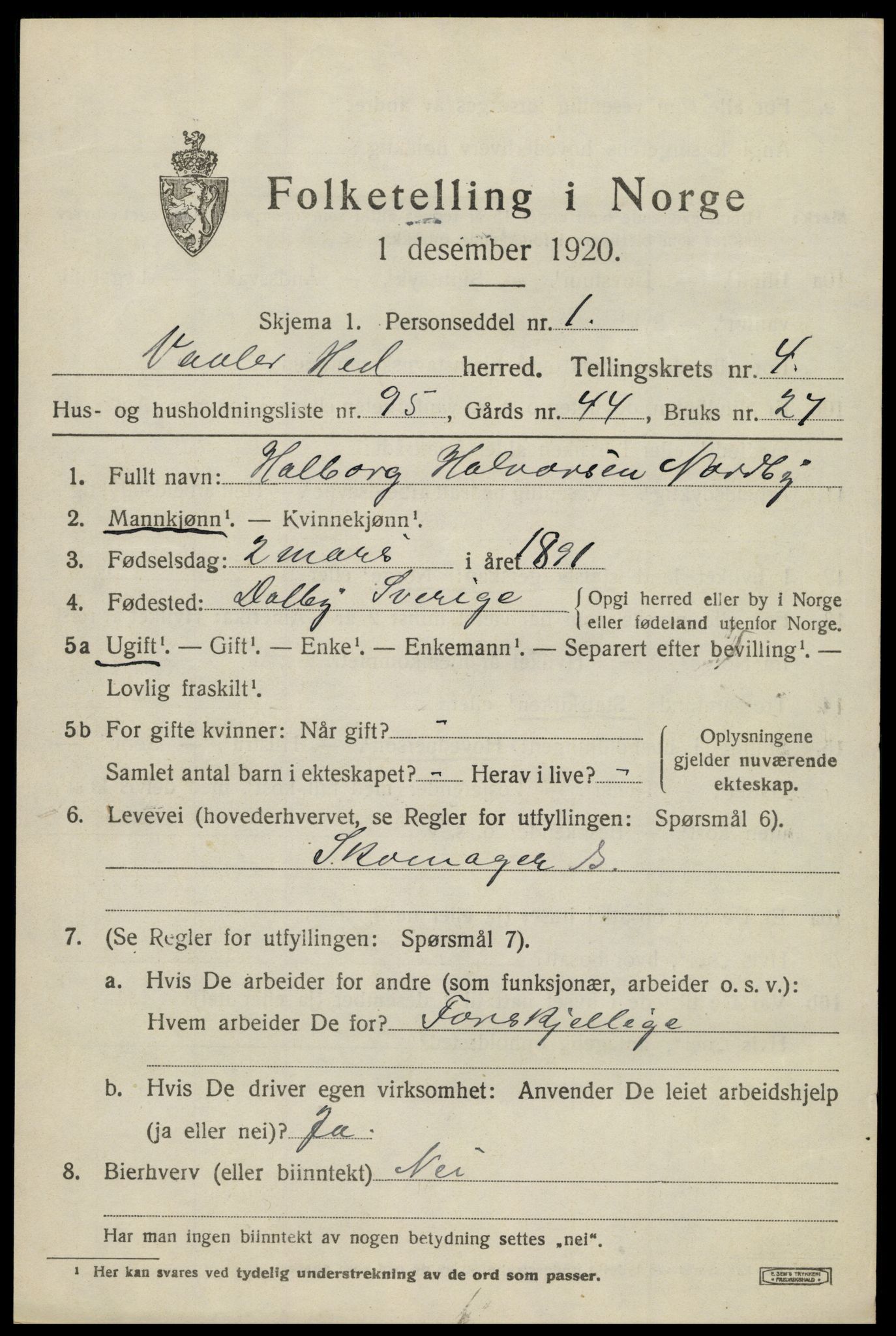 SAH, 1920 census for Våler (Hedmark), 1920, p. 5505