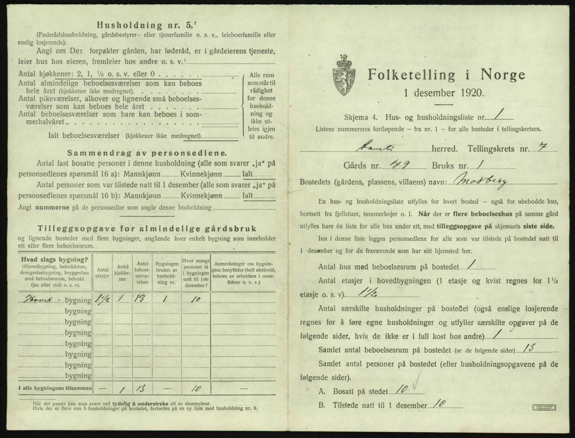 SAK, 1920 census for Åmli, 1920, p. 425