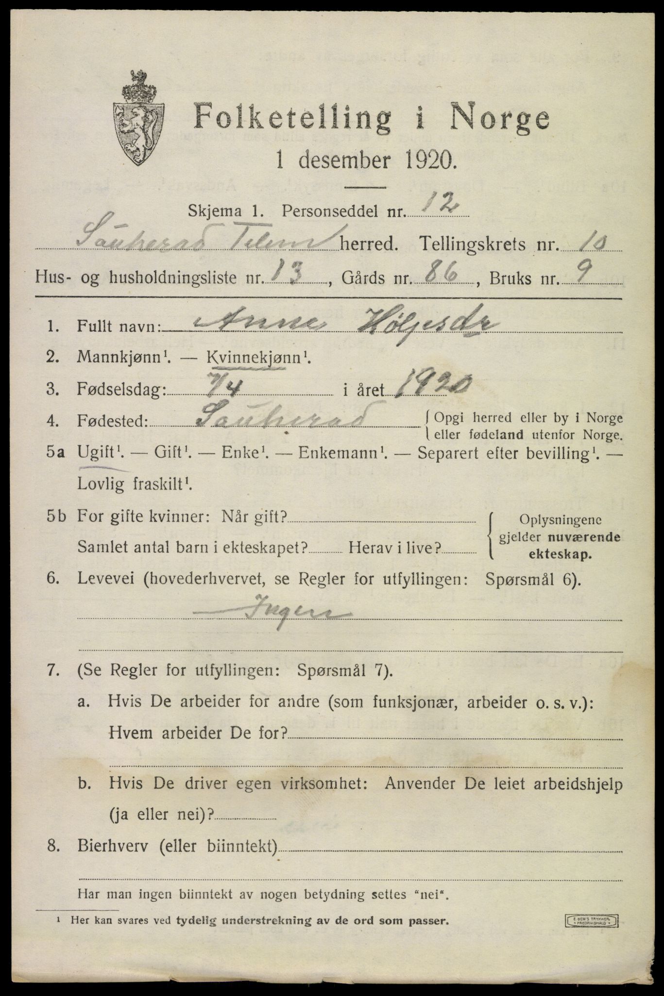 SAKO, 1920 census for Sauherad, 1920, p. 7515