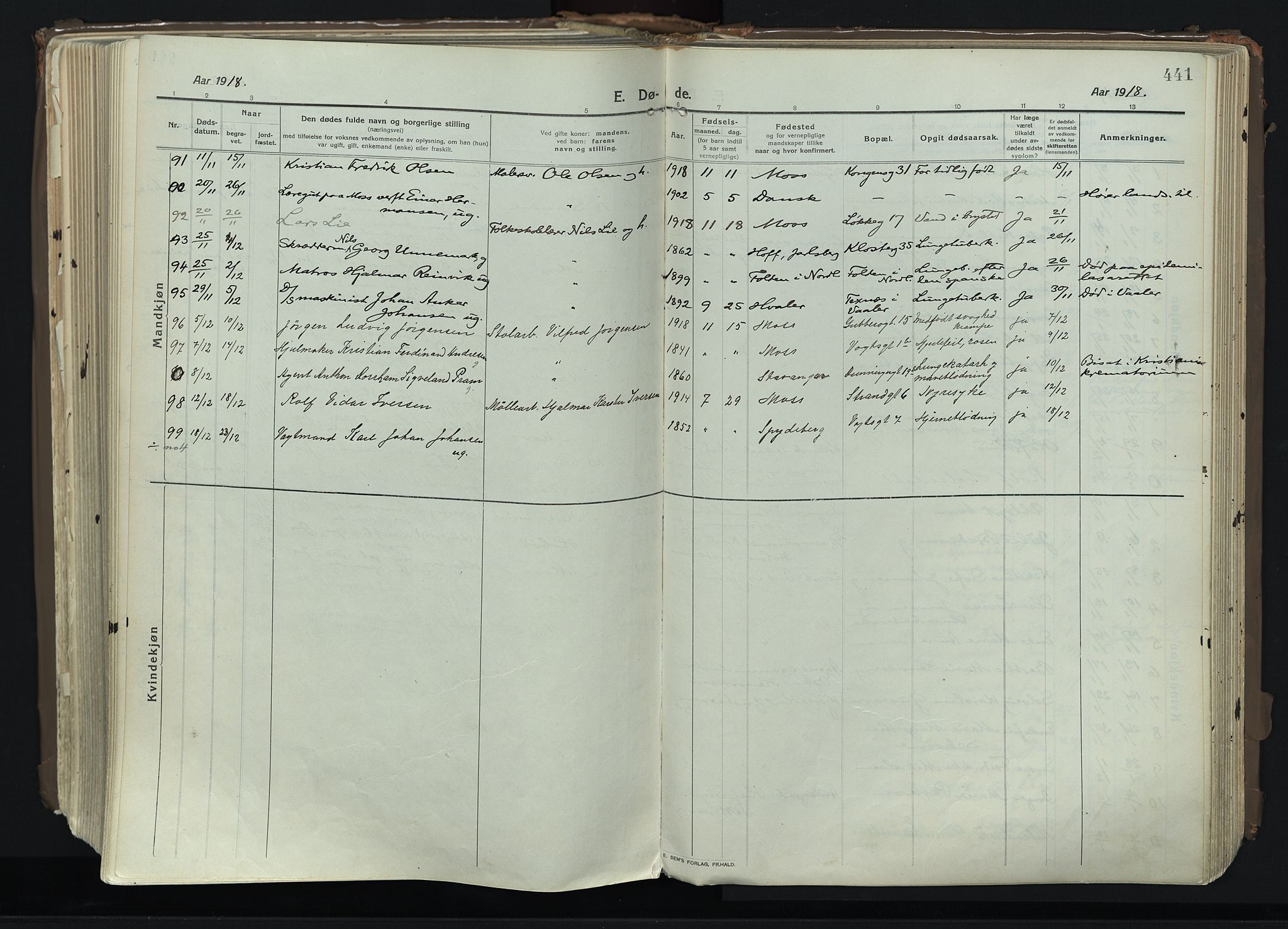 Moss prestekontor Kirkebøker, AV/SAO-A-2003/F/Fb/L0005: Parish register (official) no. II 5, 1913-1923, p. 441
