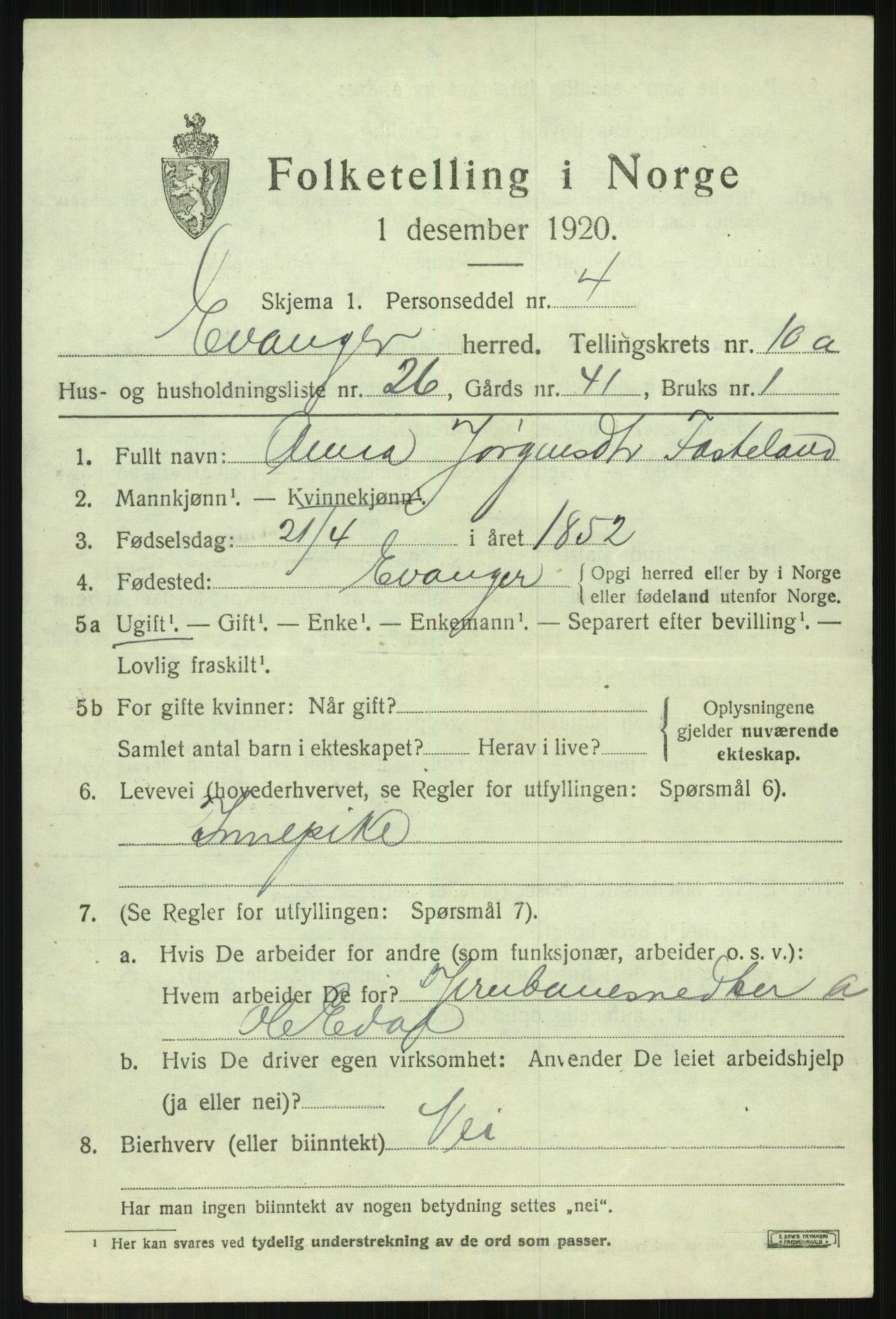 SAB, 1920 census for Evanger, 1920, p. 3347