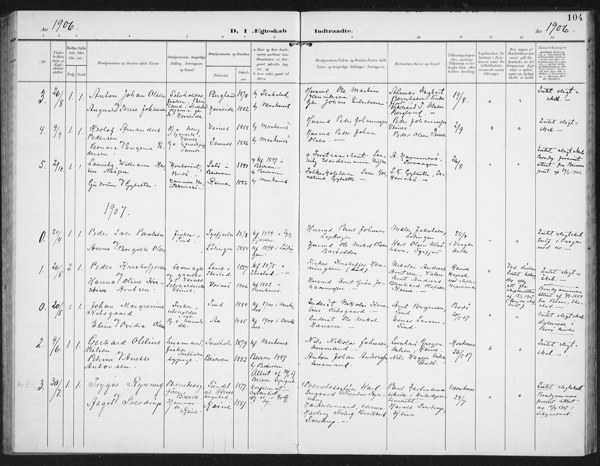 Ministerialprotokoller, klokkerbøker og fødselsregistre - Nordland, AV/SAT-A-1459/886/L1221: Parish register (official) no. 886A03, 1903-1913, p. 104