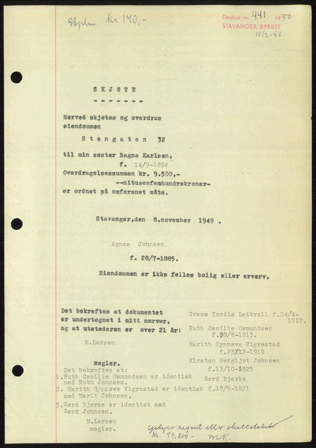 Stavanger byrett, AV/SAST-A-100455/002/G/Gb/L0024: Mortgage book no. A13, 1949-1950, Diary no: : 441/1950