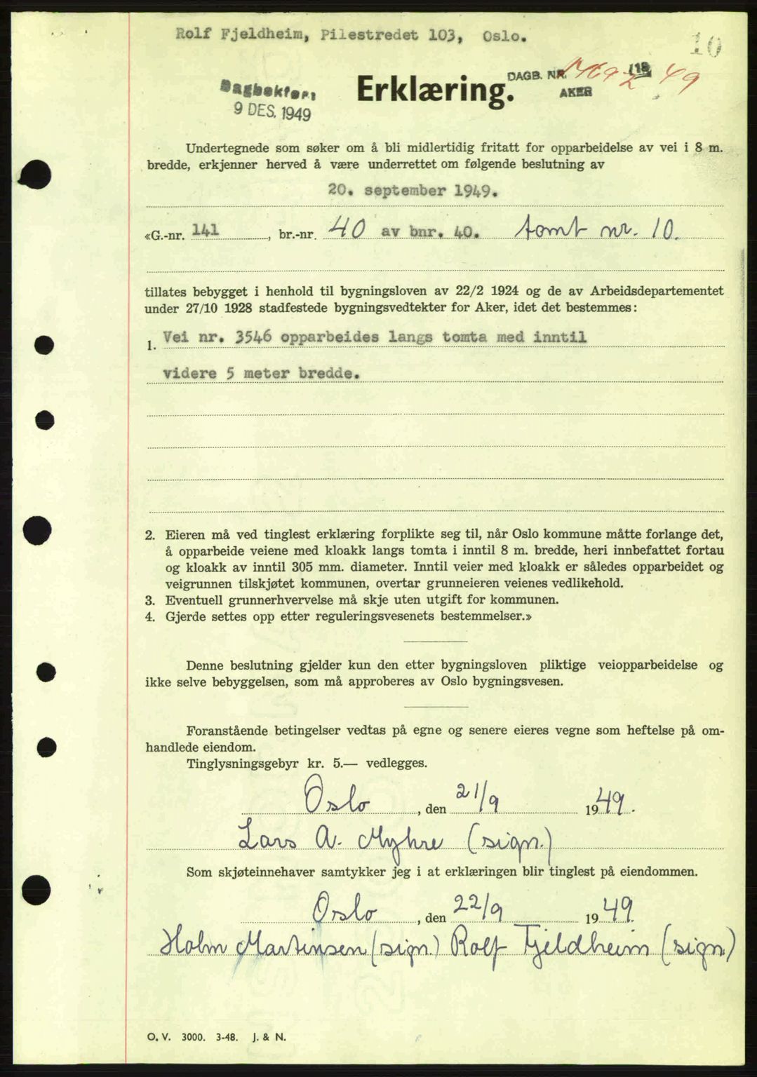 Oslo byskriverembete, AV/SAO-A-10227/G/Gb/Gbd/Gbda/L0017: Mortgage book no. A215, 1949-1950, Diary no: : 14692/1949