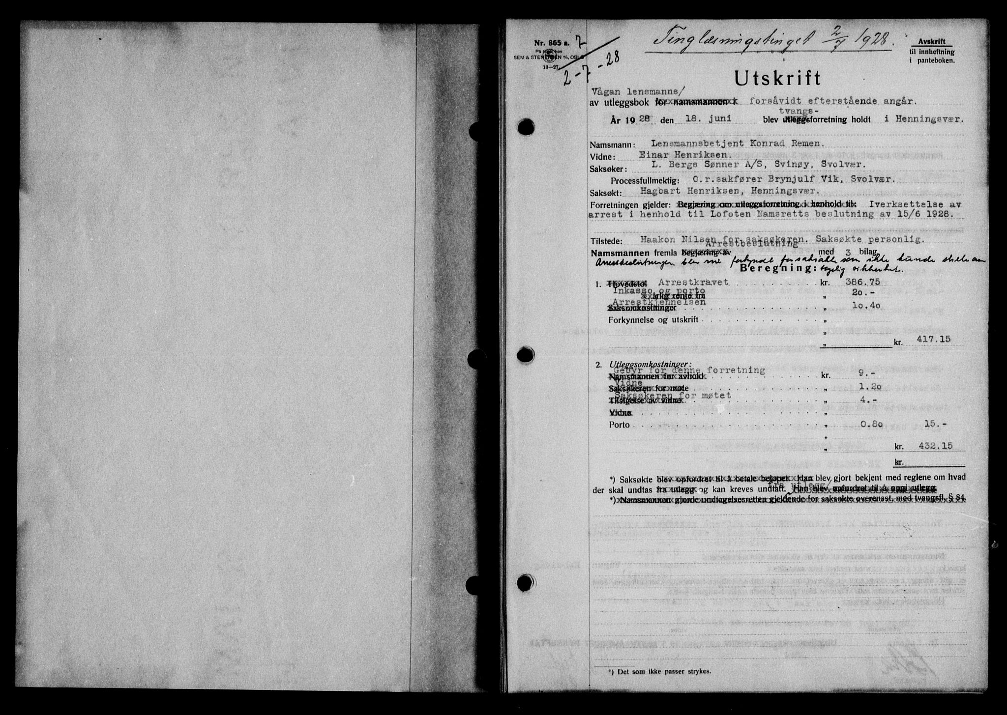 Lofoten sorenskriveri, AV/SAT-A-0017/1/2/2C/L0018b: Mortgage book no. 18b, 1928-1928, Deed date: 02.07.1928