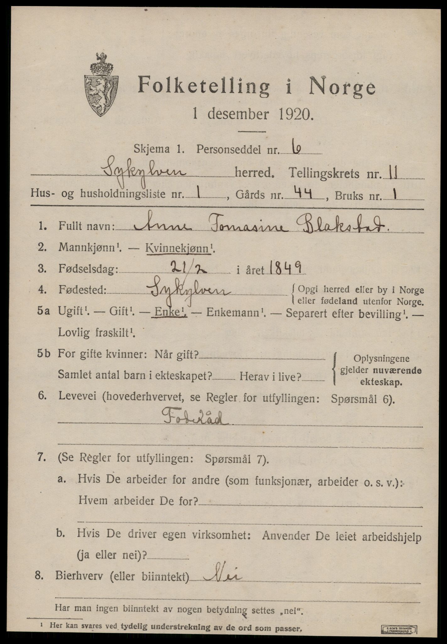 SAT, 1920 census for Sykkylven, 1920, p. 5421