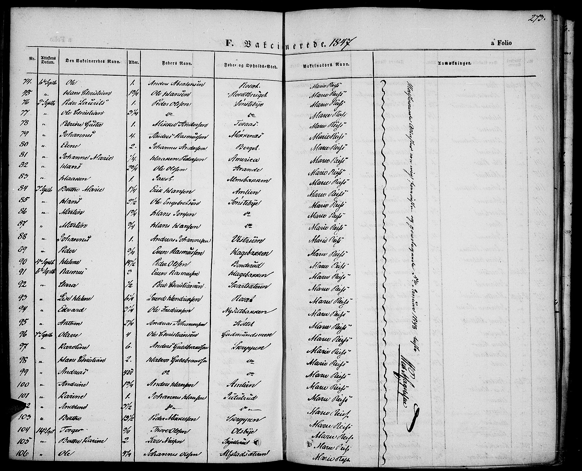 Vestre Toten prestekontor, AV/SAH-PREST-108/H/Ha/Haa/L0004: Parish register (official) no. 4, 1844-1849, p. 273