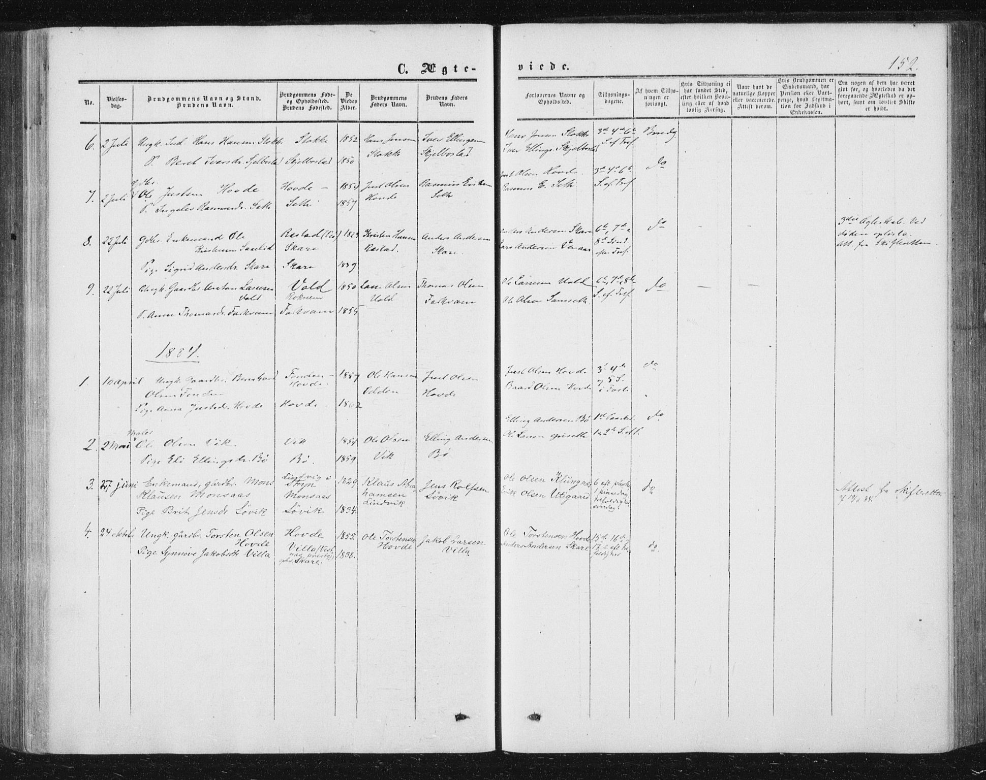 Ministerialprotokoller, klokkerbøker og fødselsregistre - Møre og Romsdal, SAT/A-1454/543/L0562: Parish register (official) no. 543A02, 1854-1884, p. 152