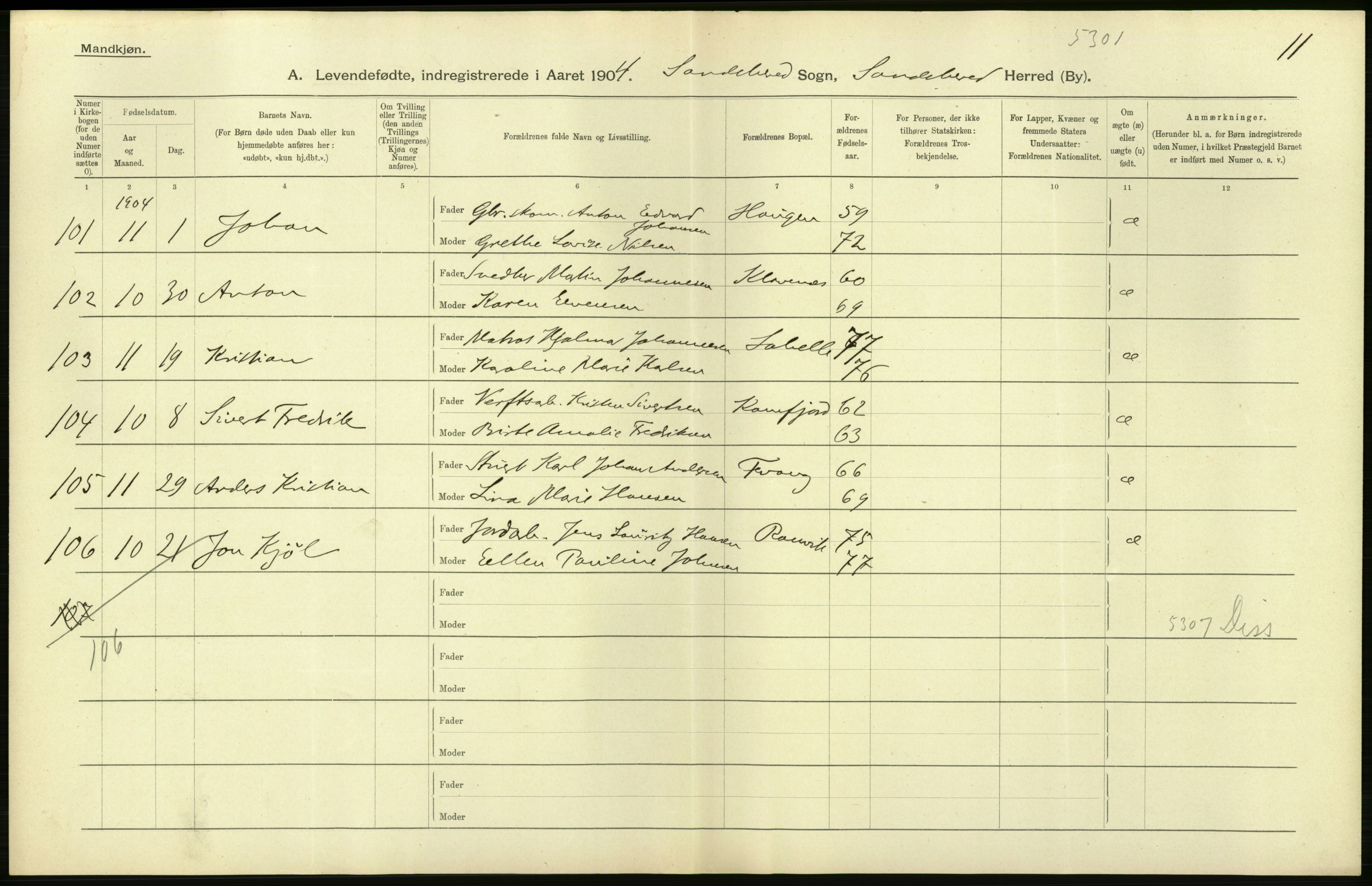 Statistisk sentralbyrå, Sosiodemografiske emner, Befolkning, AV/RA-S-2228/D/Df/Dfa/Dfab/L0008: Jarlsberg og Larvig amt: Fødte, gifte, døde, 1904, p. 78