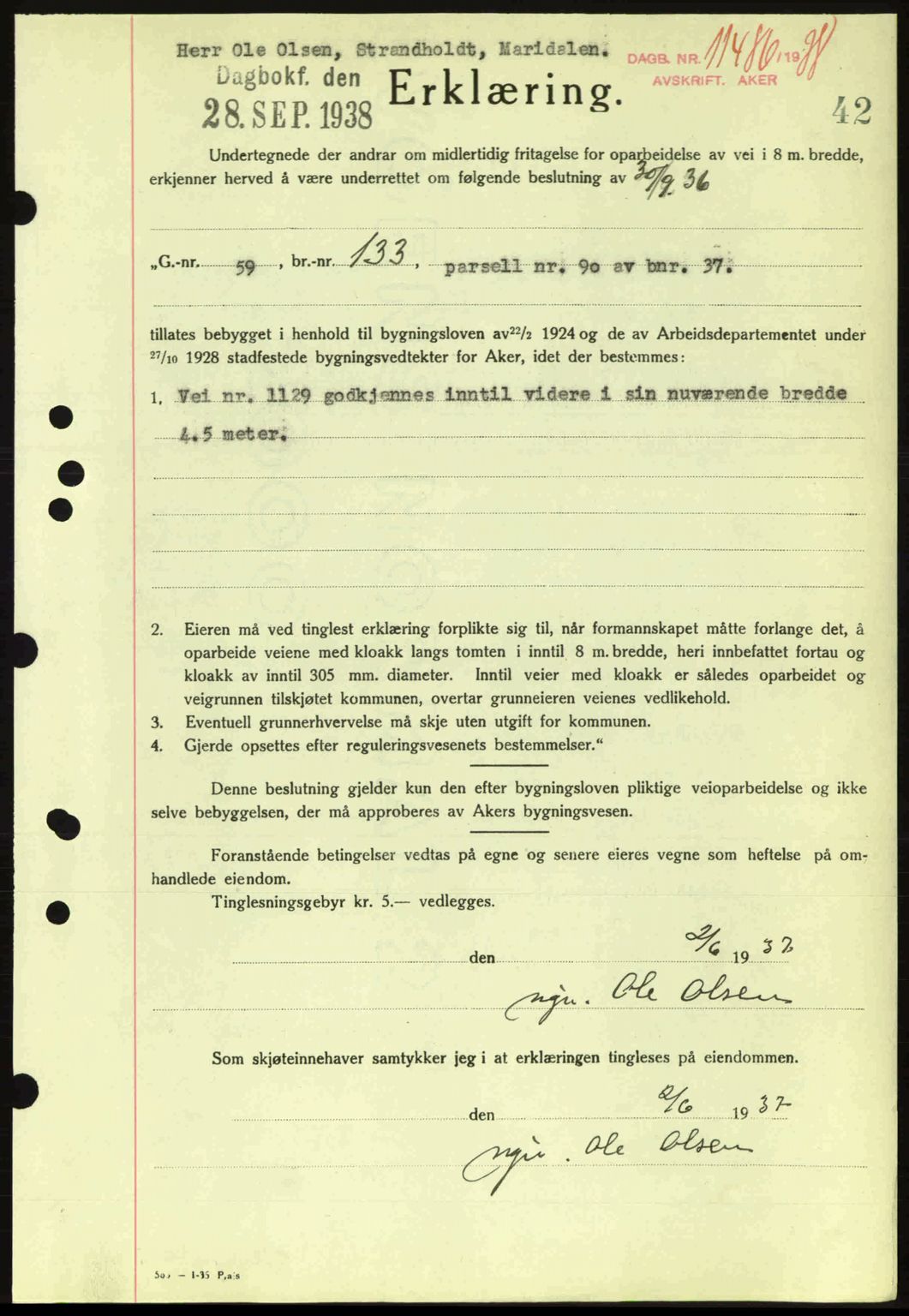 Aker herredsskriveri, SAO/A-10896/G/Gb/Gba/Gbab/L0025: Mortgage book no. A154-155, 1938-1938, Diary no: : 11486/1938