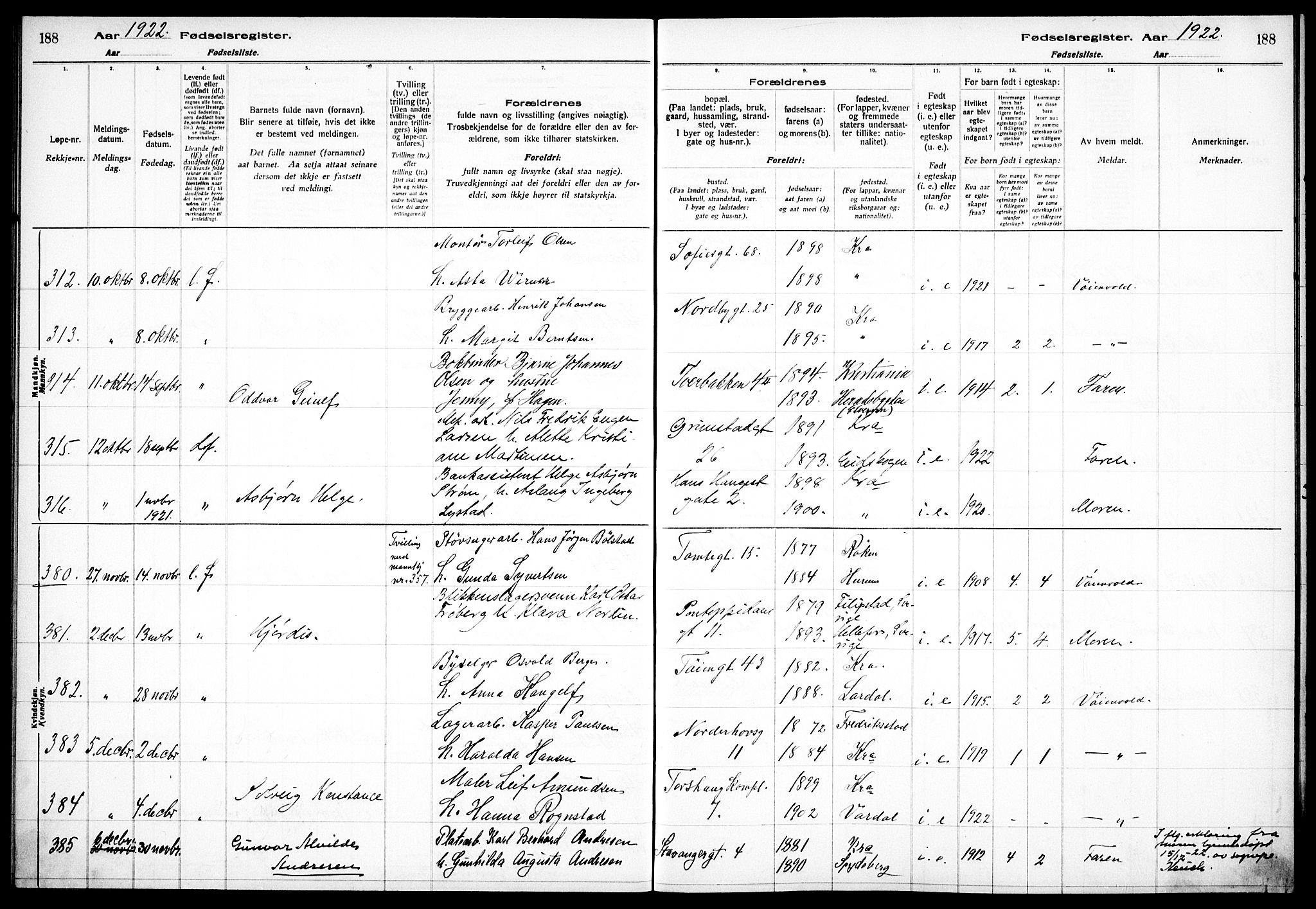 Sagene prestekontor Kirkebøker, AV/SAO-A-10796/J/L0002: Birth register no. 2, 1920-1922, p. 188