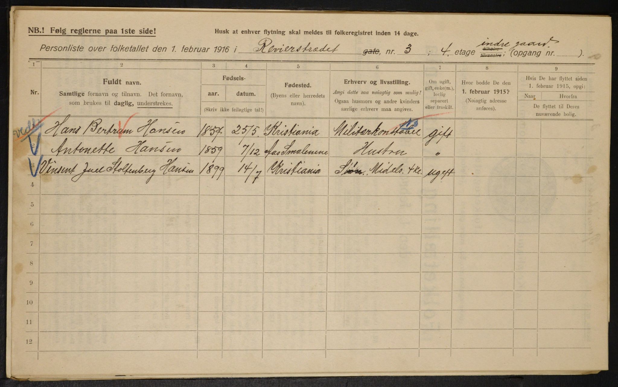 OBA, Municipal Census 1916 for Kristiania, 1916, p. 85012