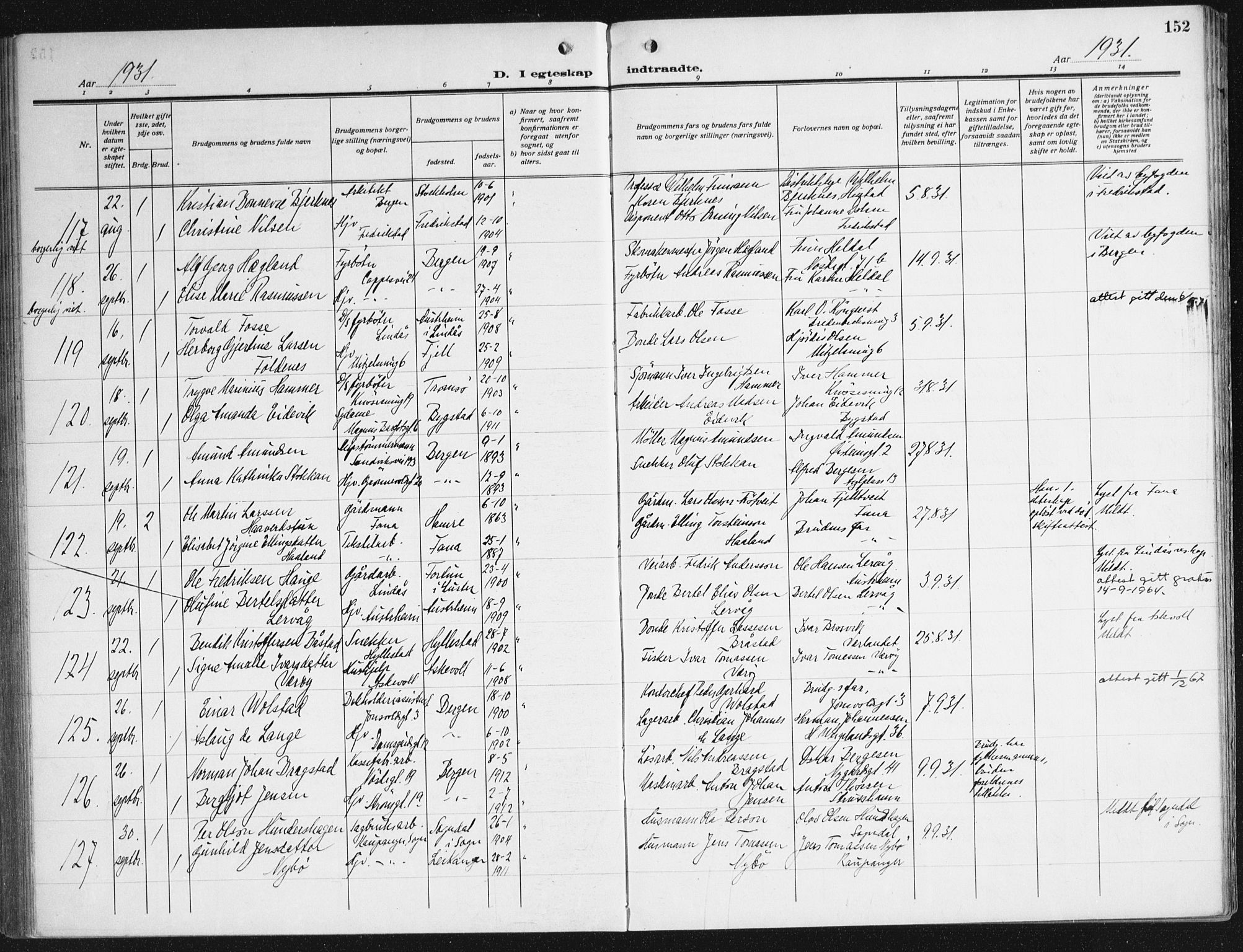 Domkirken sokneprestembete, SAB/A-74801/H/Haa/L0039: Parish register (official) no. D 6, 1921-1937, p. 152