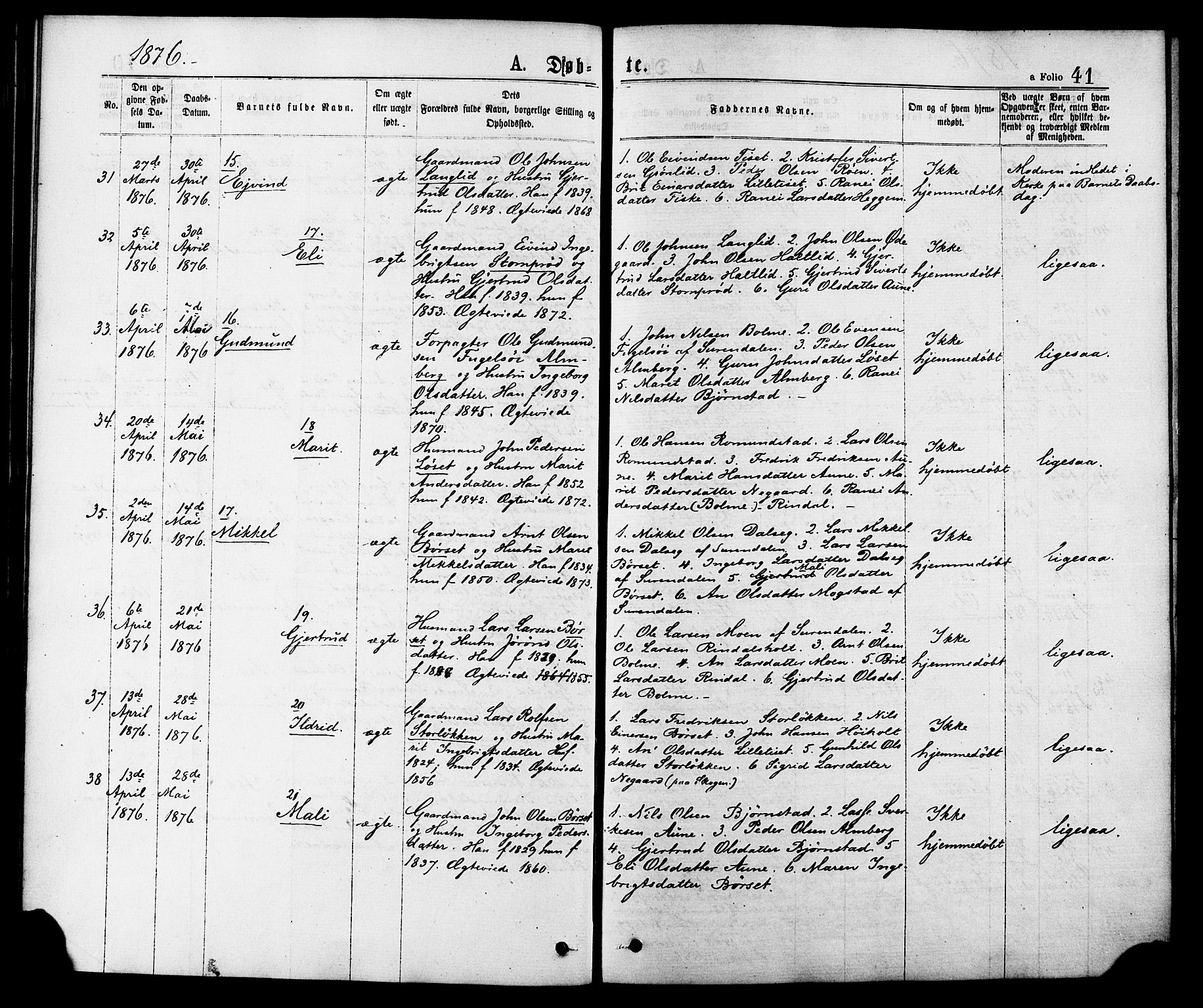 Ministerialprotokoller, klokkerbøker og fødselsregistre - Møre og Romsdal, AV/SAT-A-1454/598/L1068: Parish register (official) no. 598A02, 1872-1881, p. 41