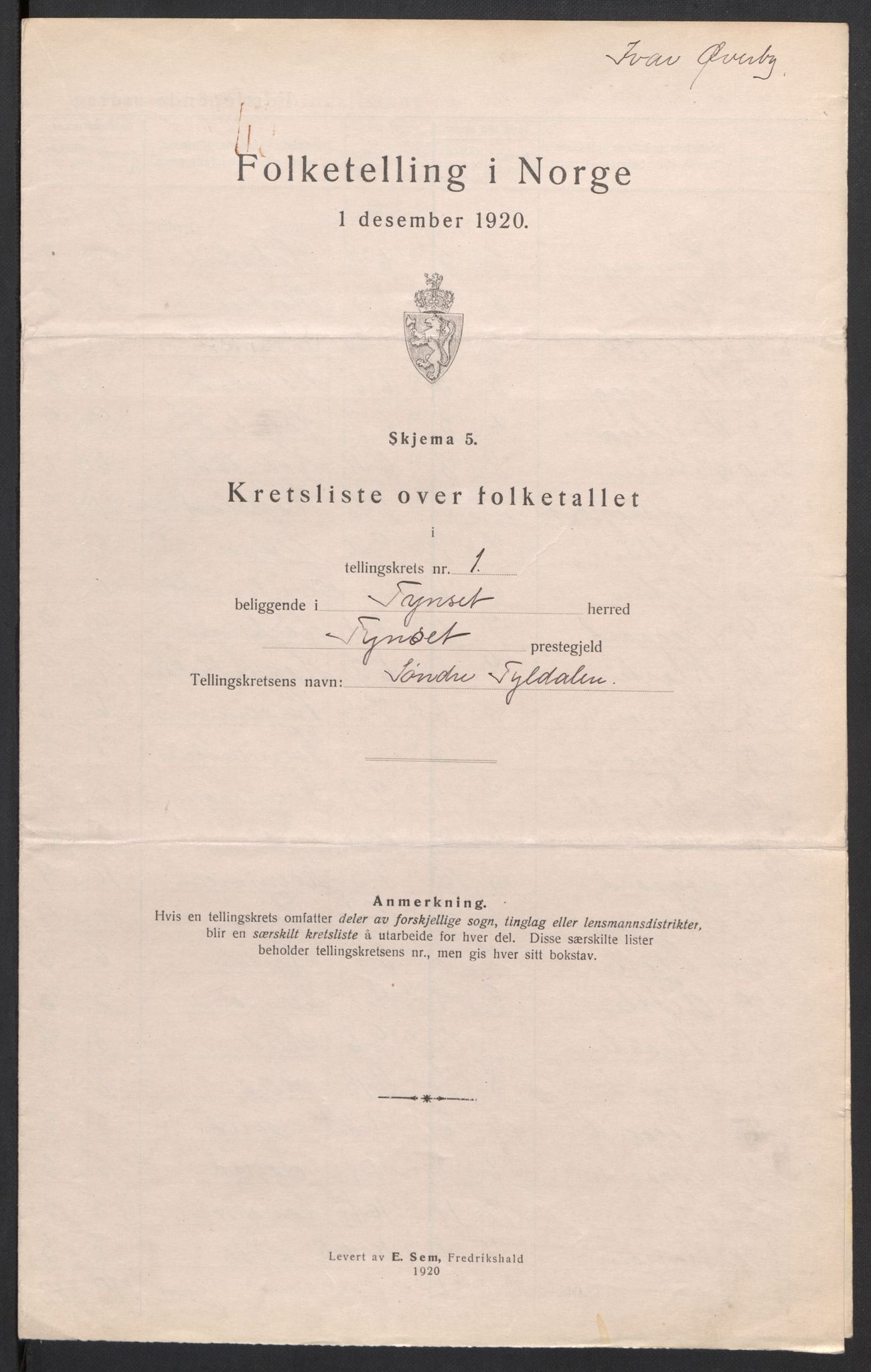 SAH, 1920 census for Tynset, 1920, p. 17