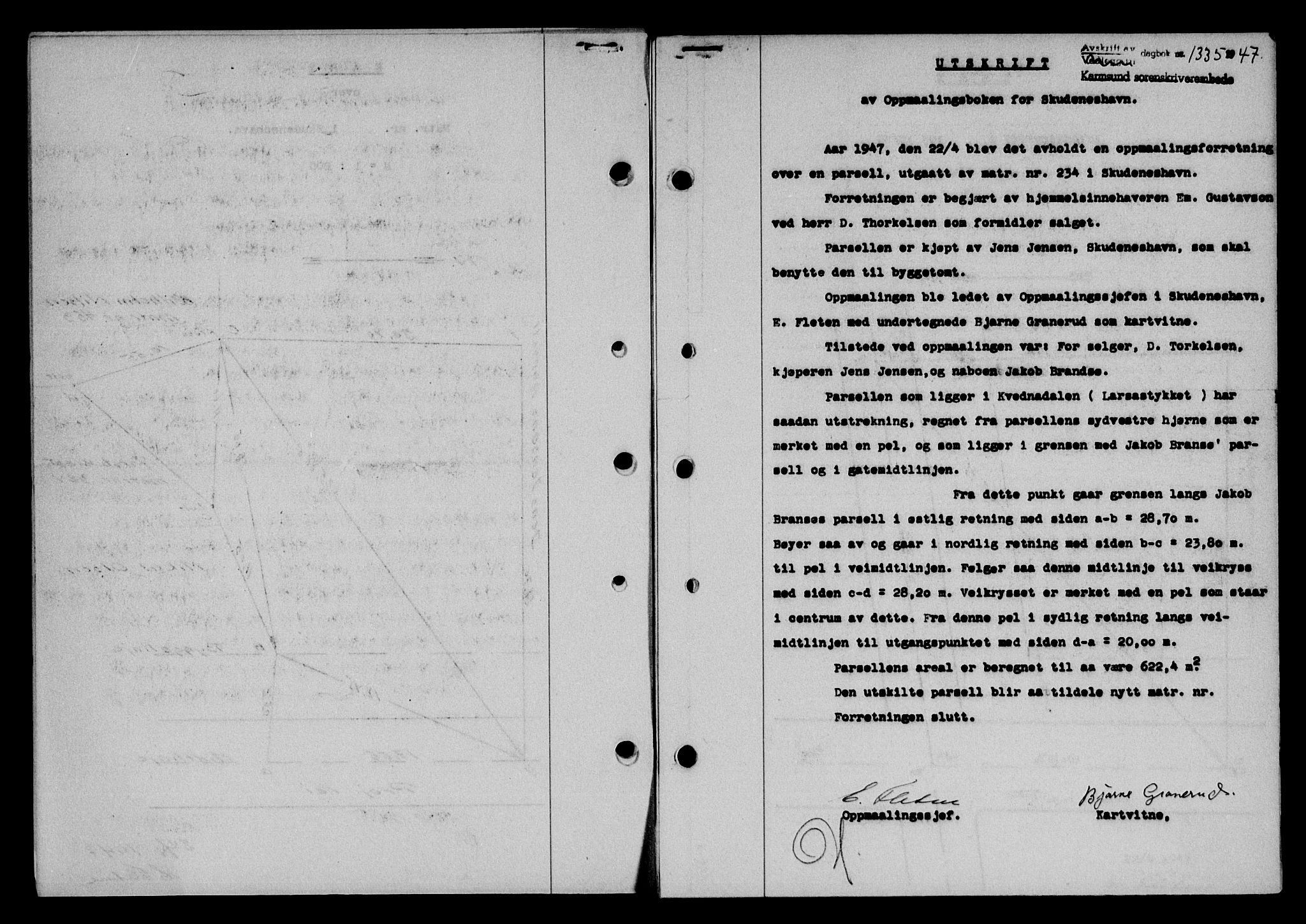 Karmsund sorenskriveri, SAST/A-100311/01/II/IIB/L0090: Mortgage book no. 70A, 1947-1947, Diary no: : 1335/1947