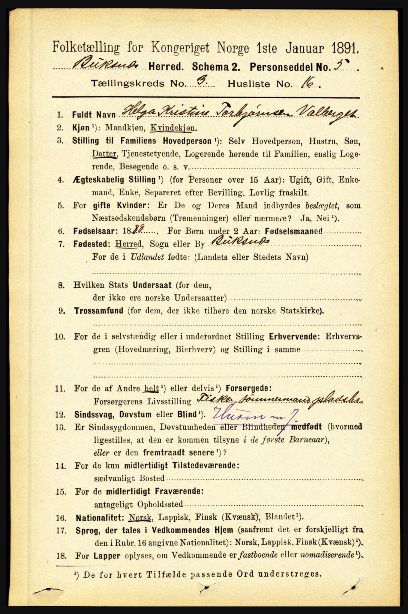 RA, 1891 census for 1860 Buksnes, 1891, p. 2297