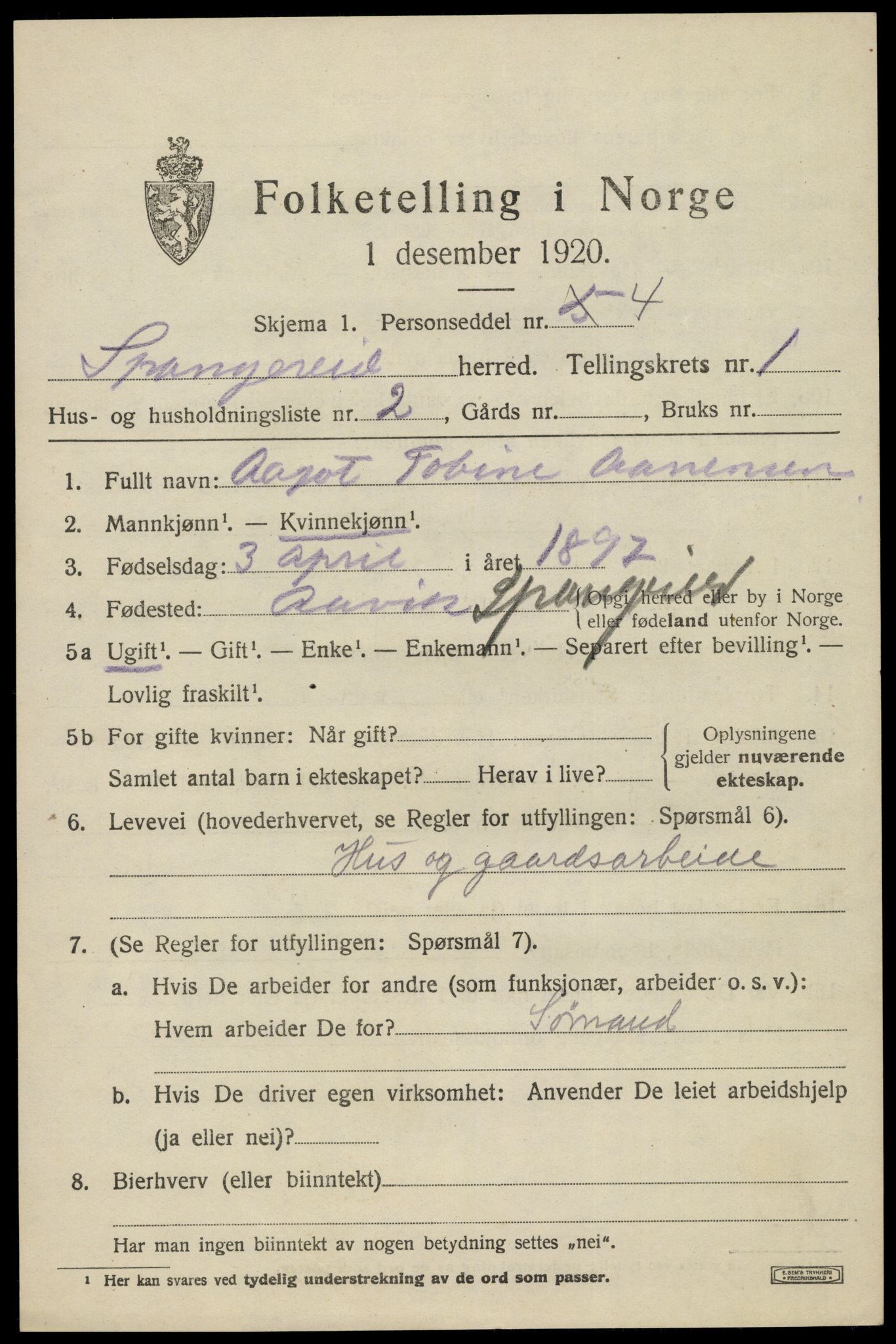 SAK, 1920 census for Spangereid, 1920, p. 841