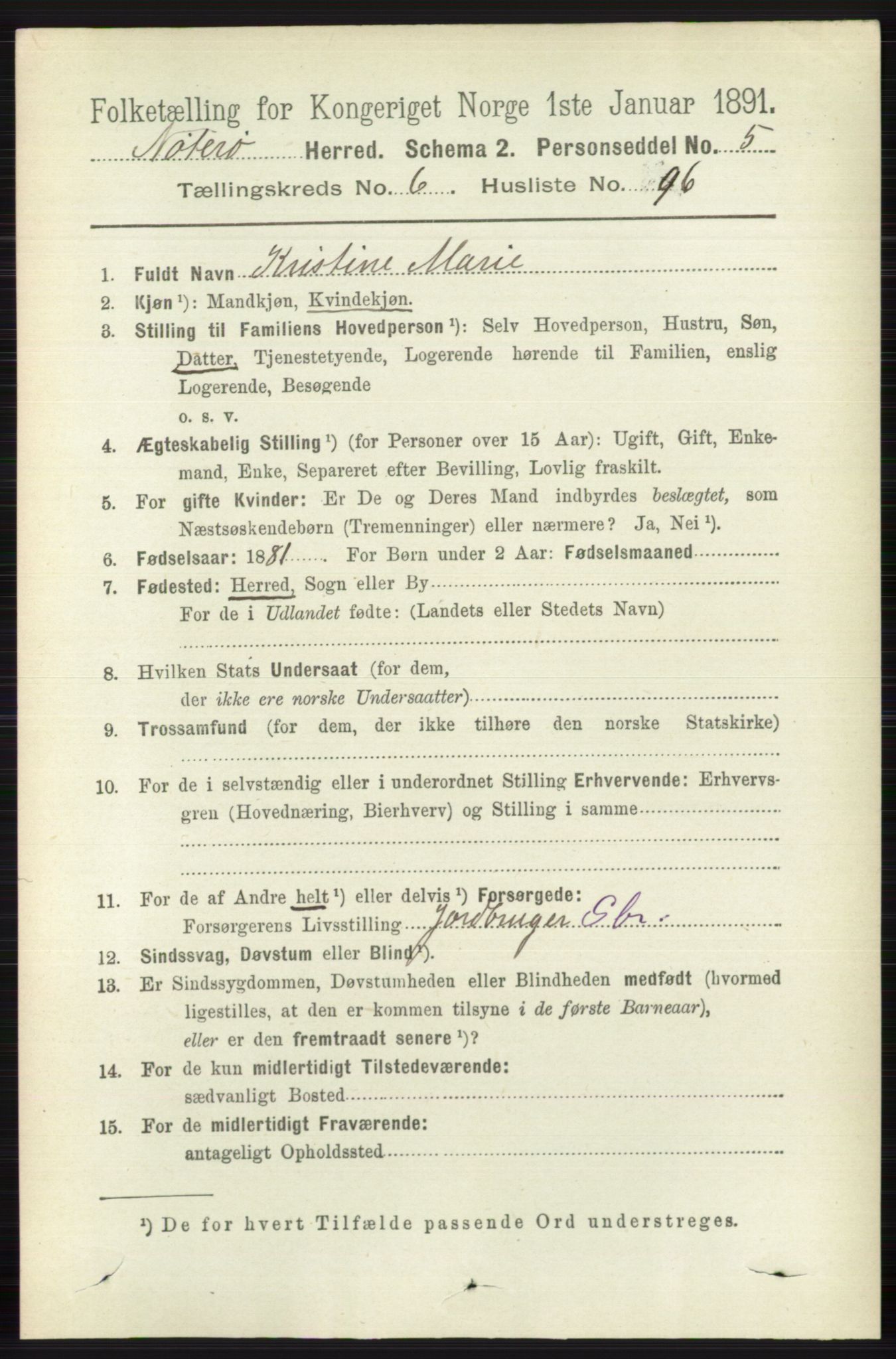 RA, 1891 census for 0722 Nøtterøy, 1891, p. 3401