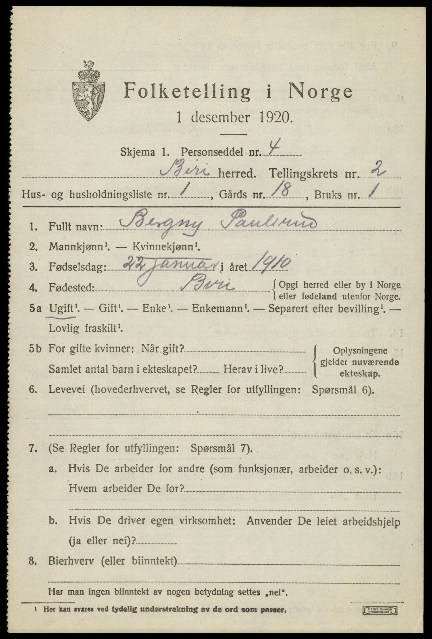 SAH, 1920 census for Biri, 1920, p. 2031