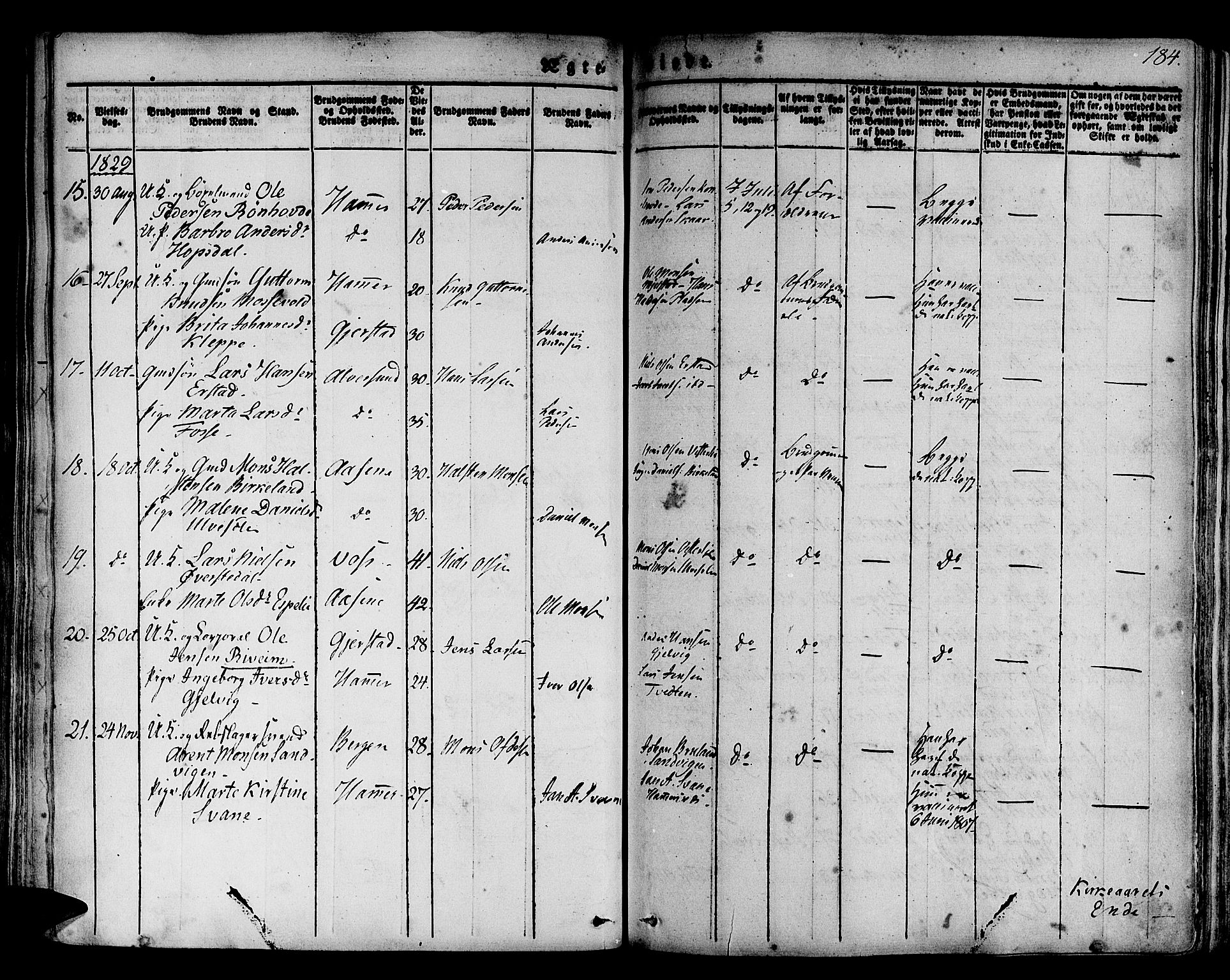 Hamre sokneprestembete, SAB/A-75501/H/Ha/Haa/Haaa/L0011: Parish register (official) no. A 11, 1826-1834, p. 184