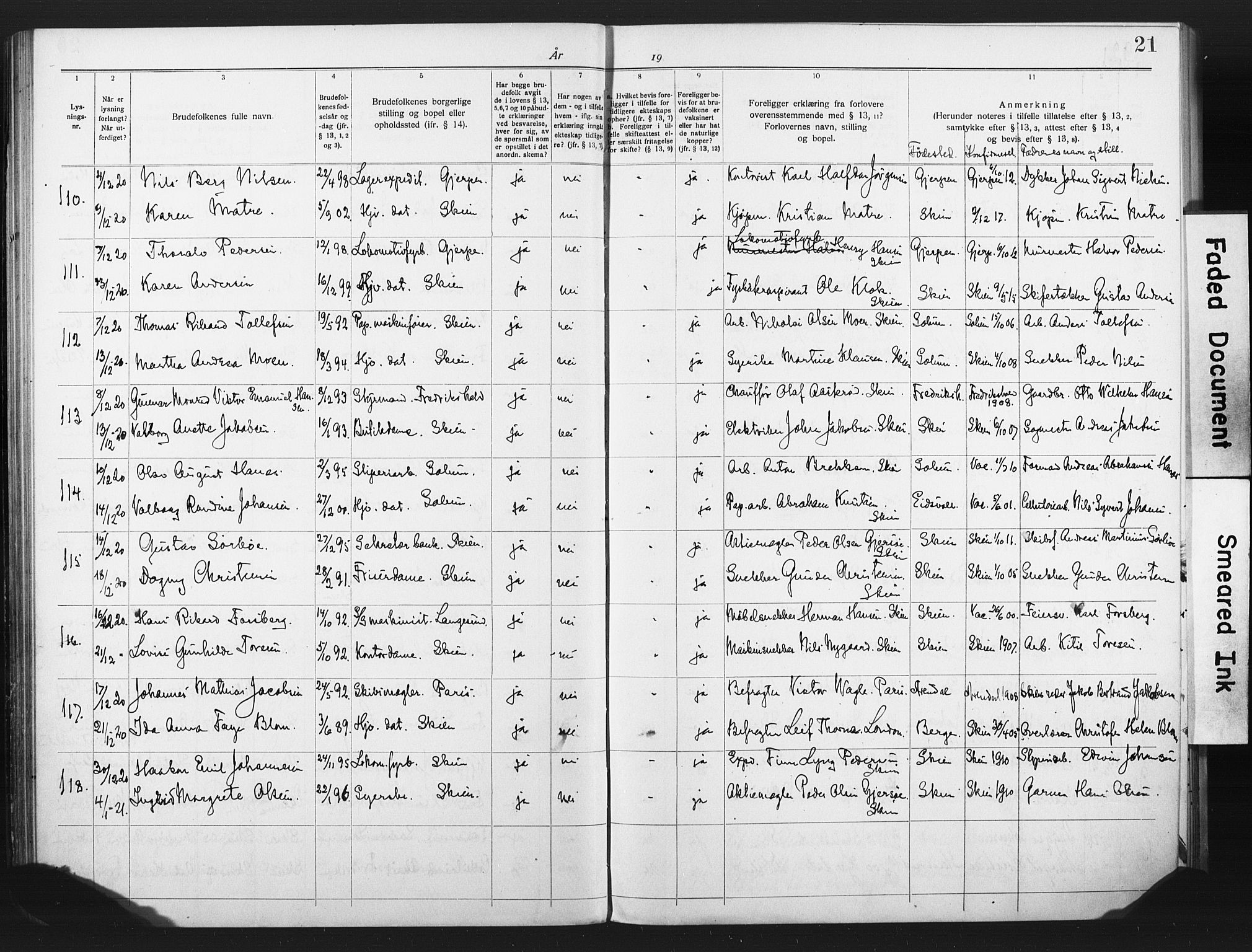 Skien kirkebøker, SAKO/A-302/H/Ha/L0001: Banns register no. 1, 1919-1929, p. 21